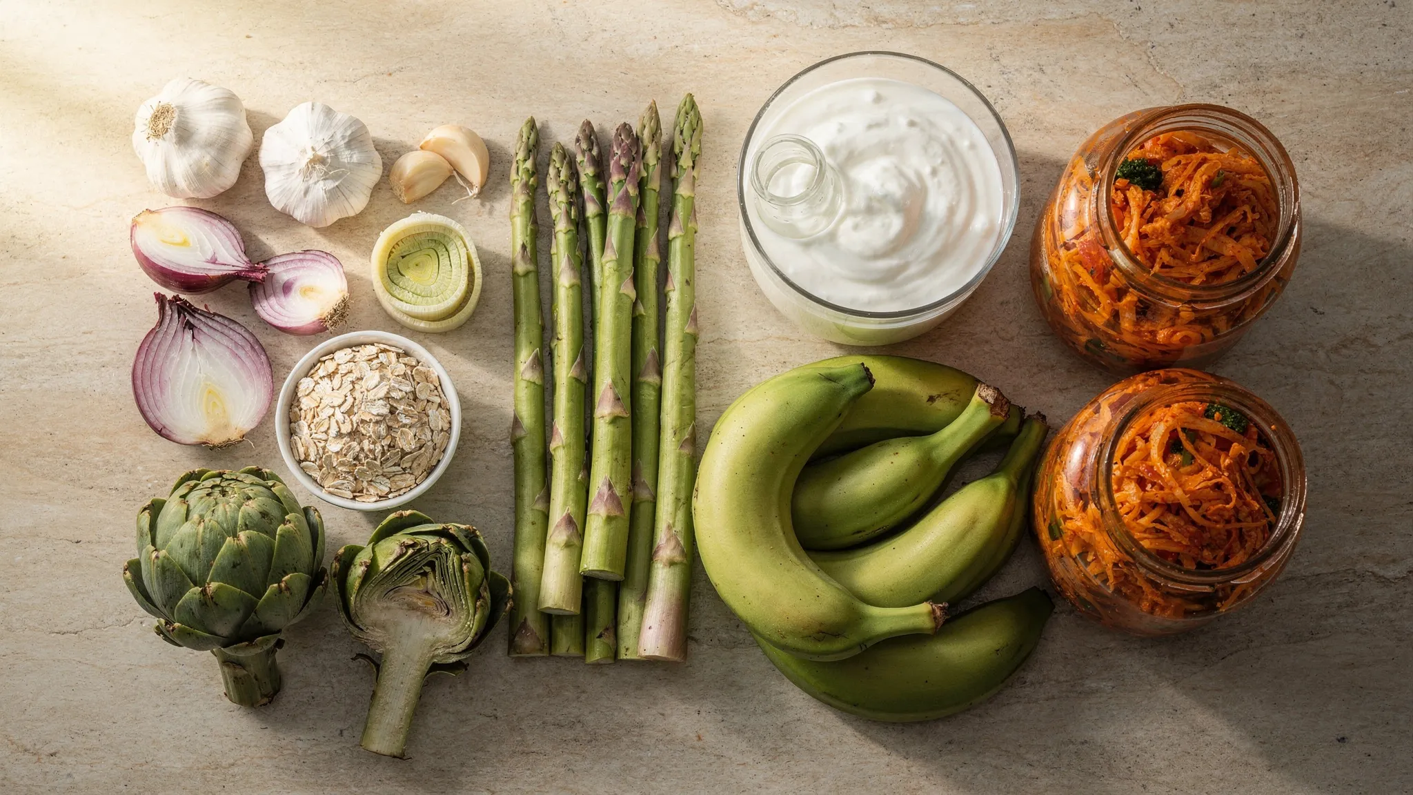 Composición cenital de una mesa de cocina con dos grupos de alimentos: a la izquierda, fuentes de prebióticos como ajo, cebolla, puerro, espárragos, alcachofa, avena y plátano verde; a la derecha, alimentos probióticos como yogur con cultivo vivo, kéfir, chucrut y kimchi en tarros de vidrio. Estética limpia y natural, luz suave de mañana.
