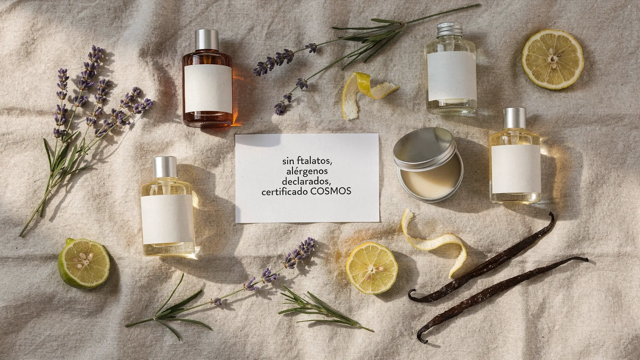 Composición de una escena flatlay: frascos minimalistas de perfume en vidrio ámbar y transparente, un perfume sólido en lata, botánicos como lavanda, bergamota y vainas de vainilla, y una tarjeta que indica “sin ftalatos, alérgenos declarados, certificado COSMOS”, todo sobre un fondo de lino claro.