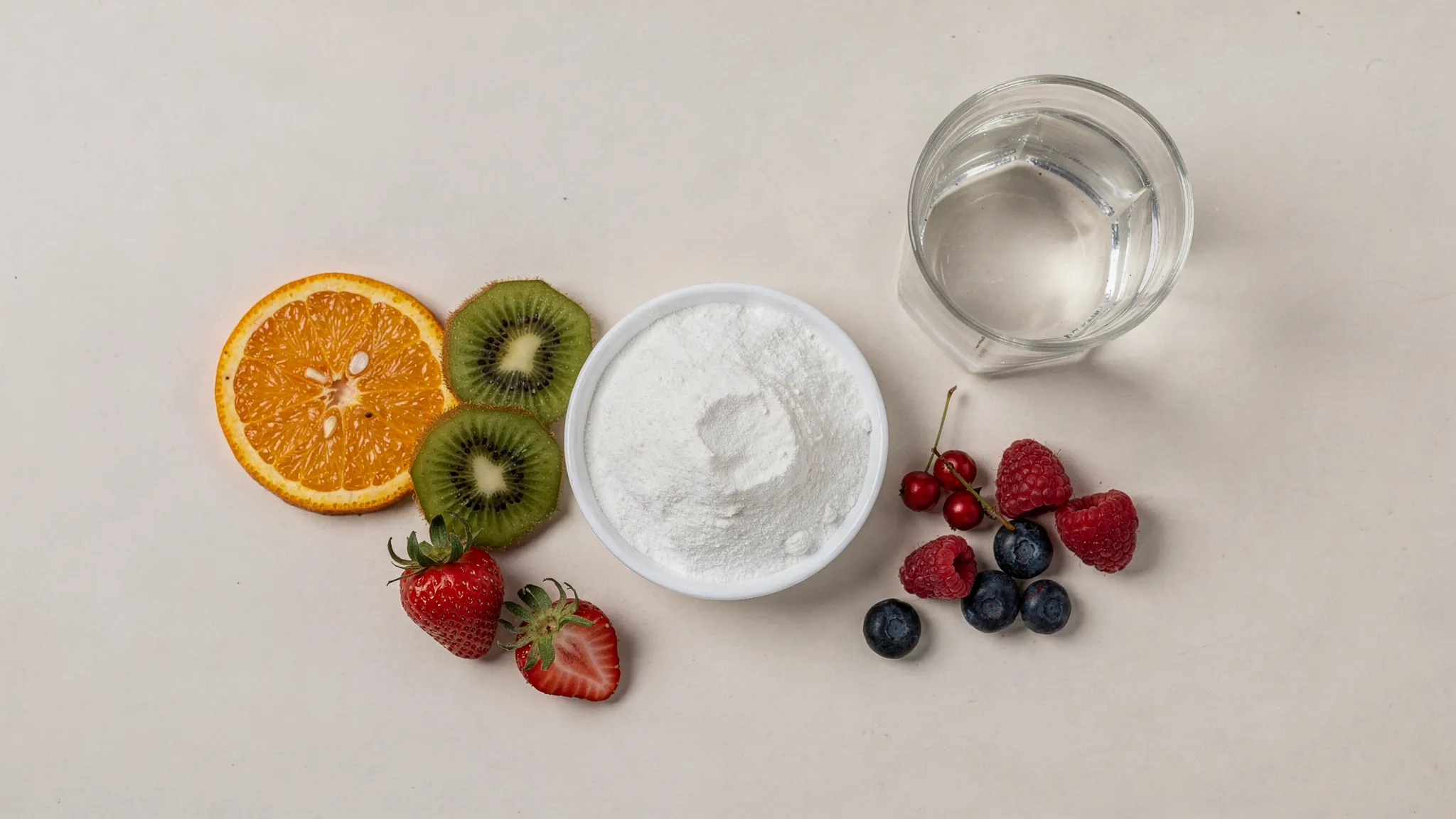Disposición cenital de un scoop de colágeno junto a rodajas de naranja, kiwi y frutos rojos, vitamina C natural, con un vaso de agua. Estética limpia y fresca.