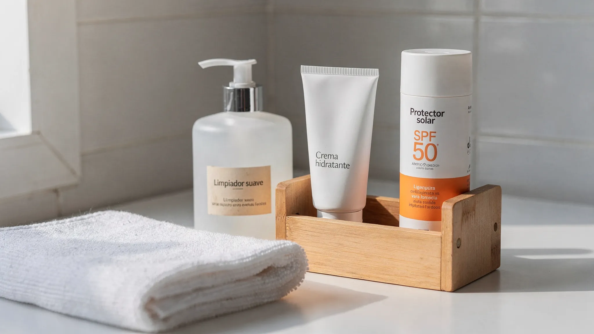 Encimera de baño minimalista con solo tres básicos: un limpiador suave en formato bomba, una crema hidratante neutra y un protector solar de amplio espectro. Luz natural, toalla de algodón y un pequeño organizador cosmético de madera.