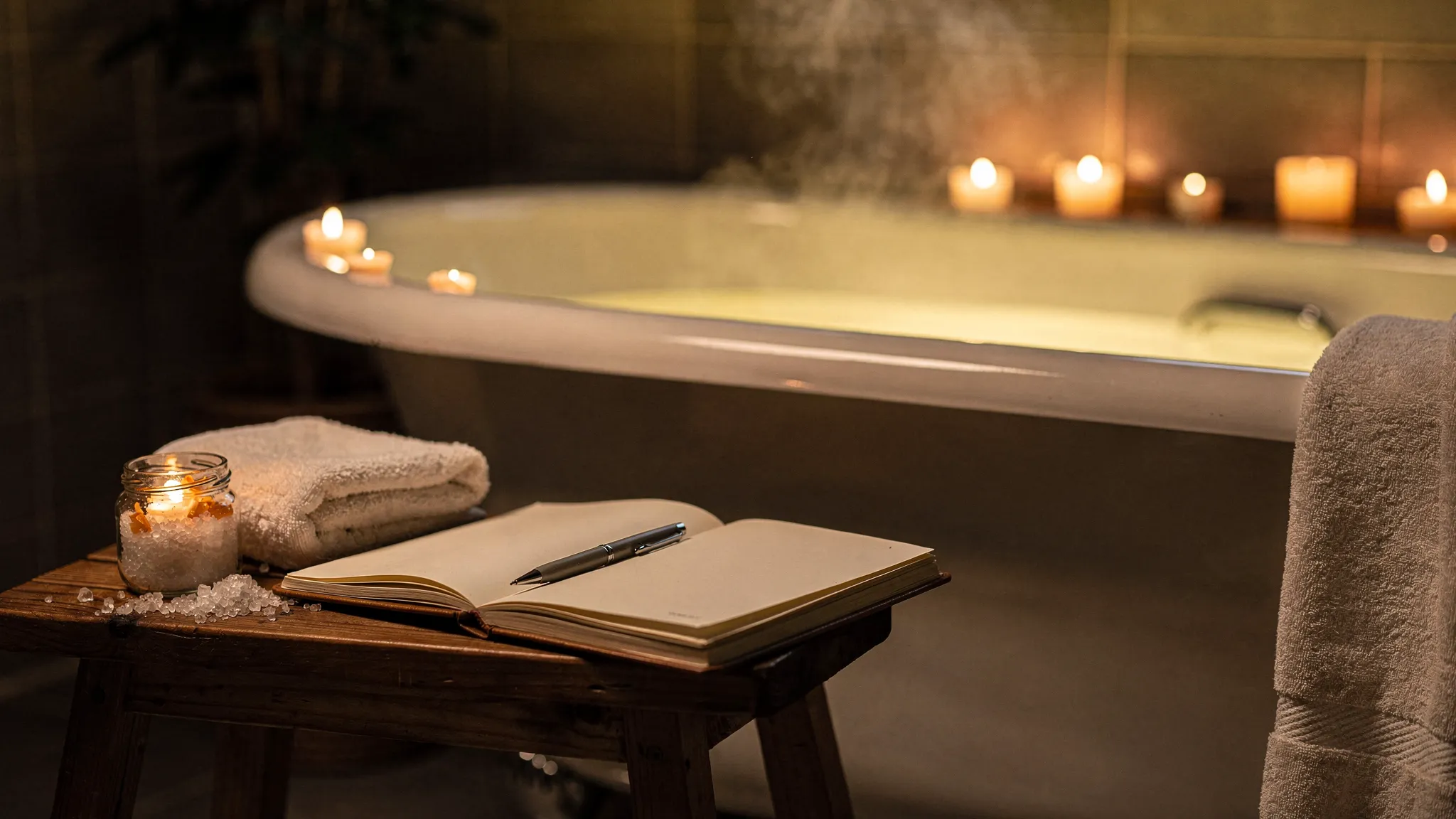 Escena nocturna con una bañera, velas, sales de baño y una libreta abierta. Ambiente cálido y sensación de cierre del día con calma.