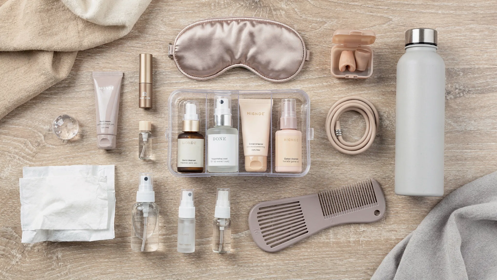 Flat lay fotográfico de un kit de mano de bienestar: organizador de cosméticos transparente con minitallas de skincare, bálsamo labial hidratante, crema de manos, gel higienizante, sprays reutilizables, máscara de ojos, tapones para oídos, banda elástica de ejercicio, cepillo pequeño, peine plegable, pañuelos y una botella reutilizable vacía. Fondo de madera clara y toques de telas suaves y neutras.