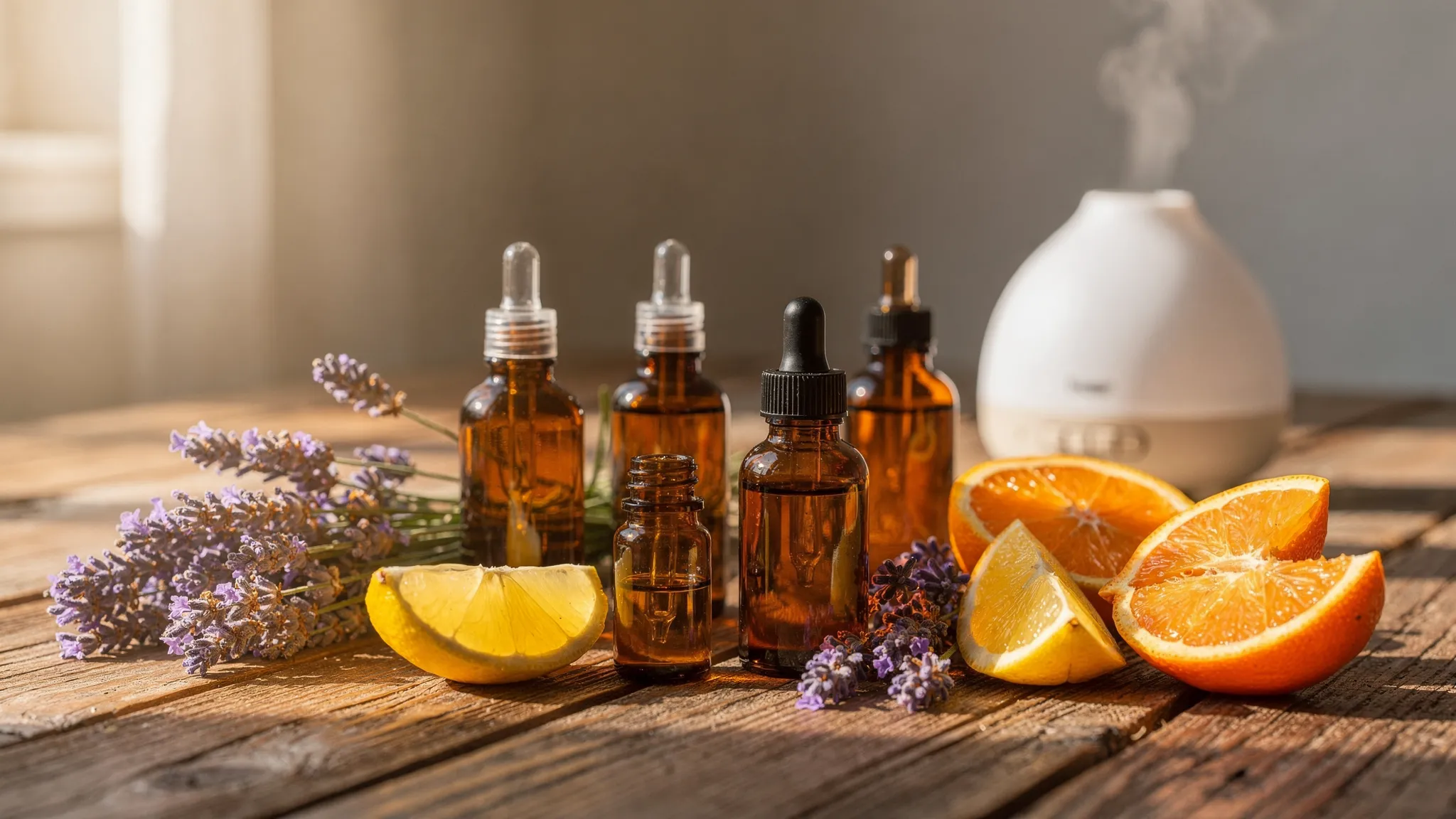 Frascos ámbar de aceites esenciales junto a flores de lavanda y rodajas de cítricos sobre una mesa de madera, con un difusor de cerámica al fondo y luz suave de tarde que transmite calma.