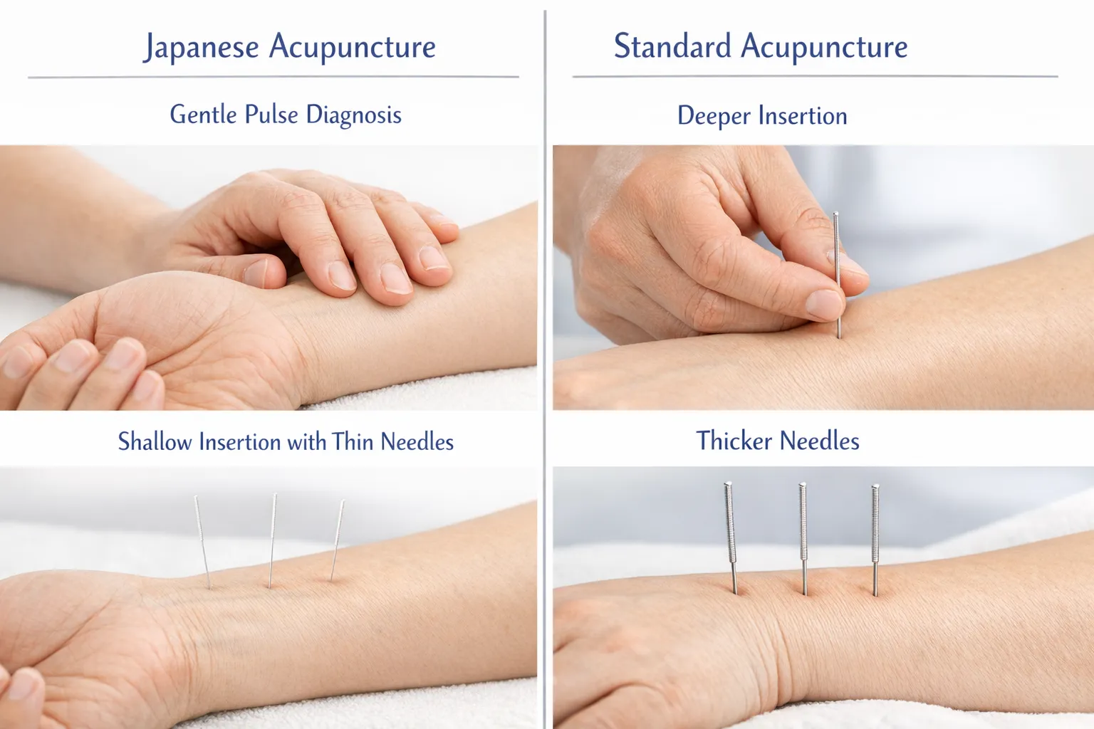 Ilustración comparativa simple: acupuntura japonesa con agujas finas y palpación del pulso frente a acupuntura estándar con inserción más profunda; estilo limpio, etiquetas claras y enfoque en la suavidad de la técnica japonesa.