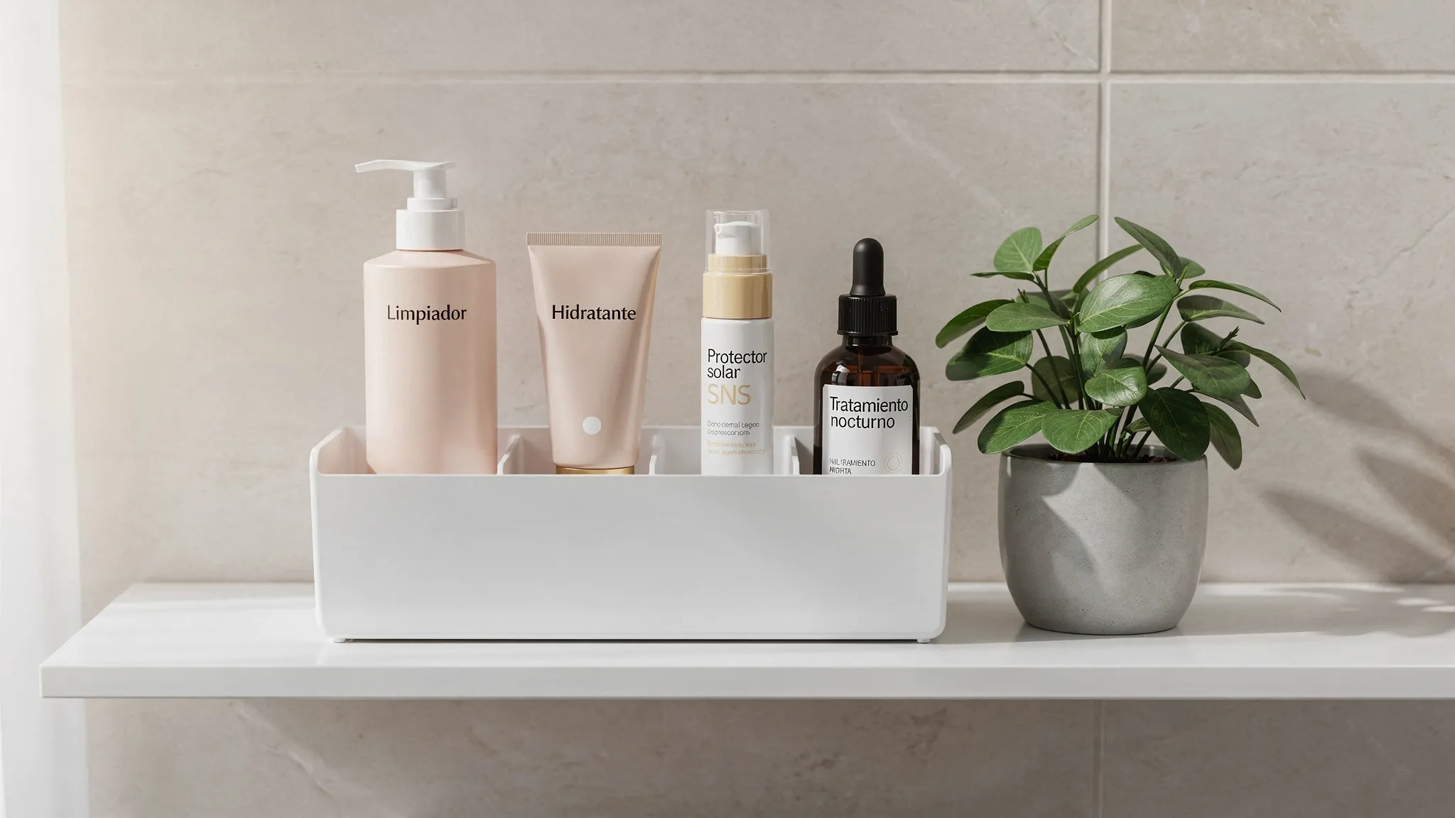 Organizador cosmético minimalista en estante de baño con cuatro compartimentos, conteniendo un limpiador, una hidratante, un protector solar y un tratamiento nocturno, junto a una planta pequeña.