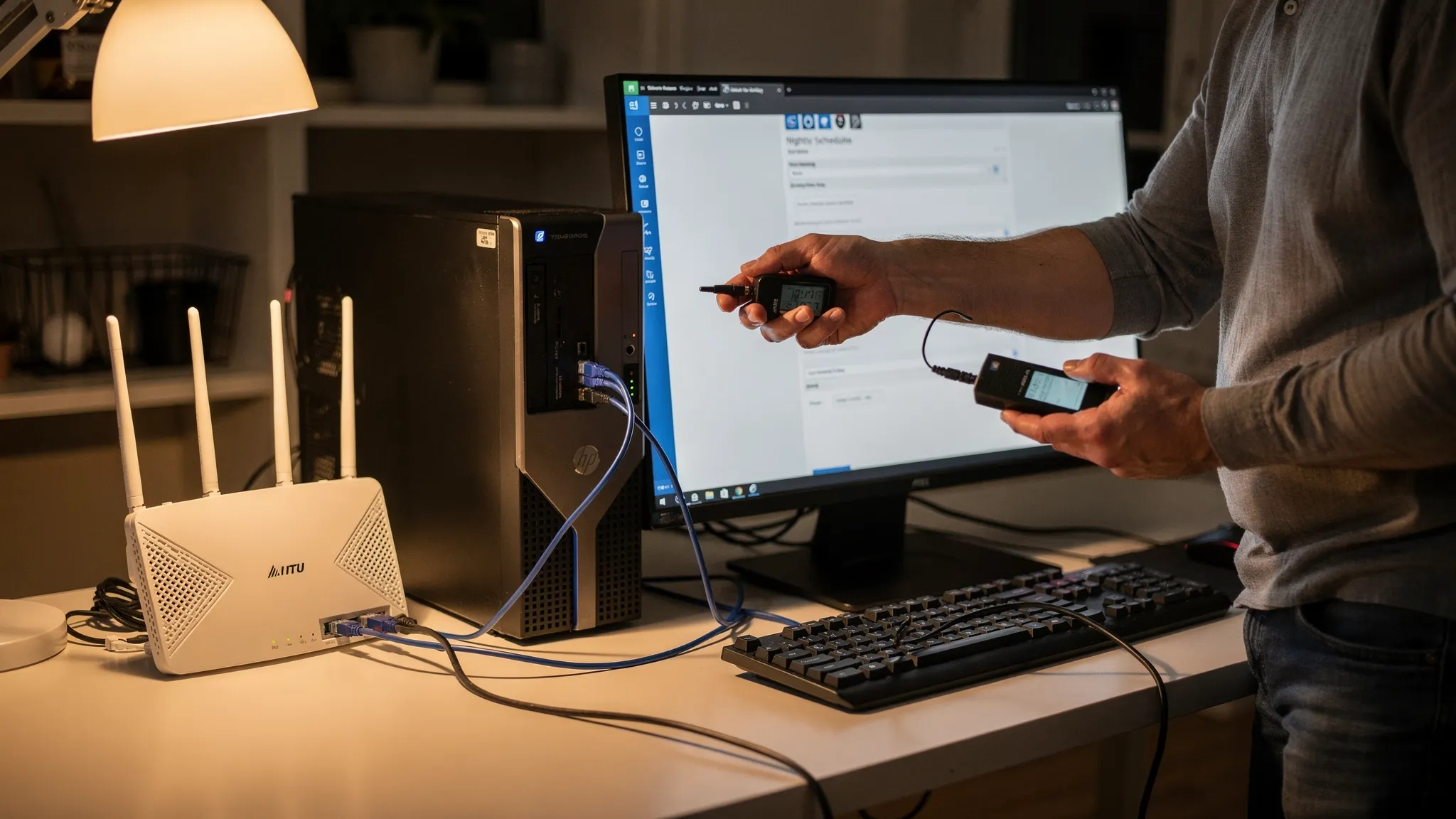 Persona ajustando el horario nocturno del router y usando un medidor doméstico de radiofrecuencia frente a un escritorio con ordenador conectado por Ethernet y teclado con cable.