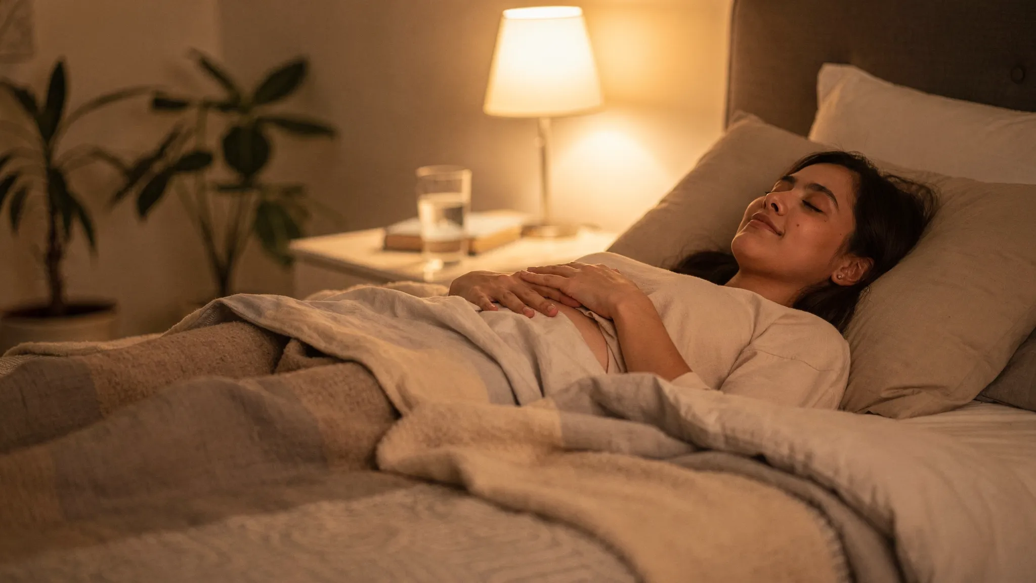 Persona recostada en una habitación tenue y ordenada, practicando la respiración 4-7-8 en la cama, con una mano sobre el pecho y otra sobre el abdomen, luz cálida, plantas y ropa de cama en tonos neutros que transmiten calma.