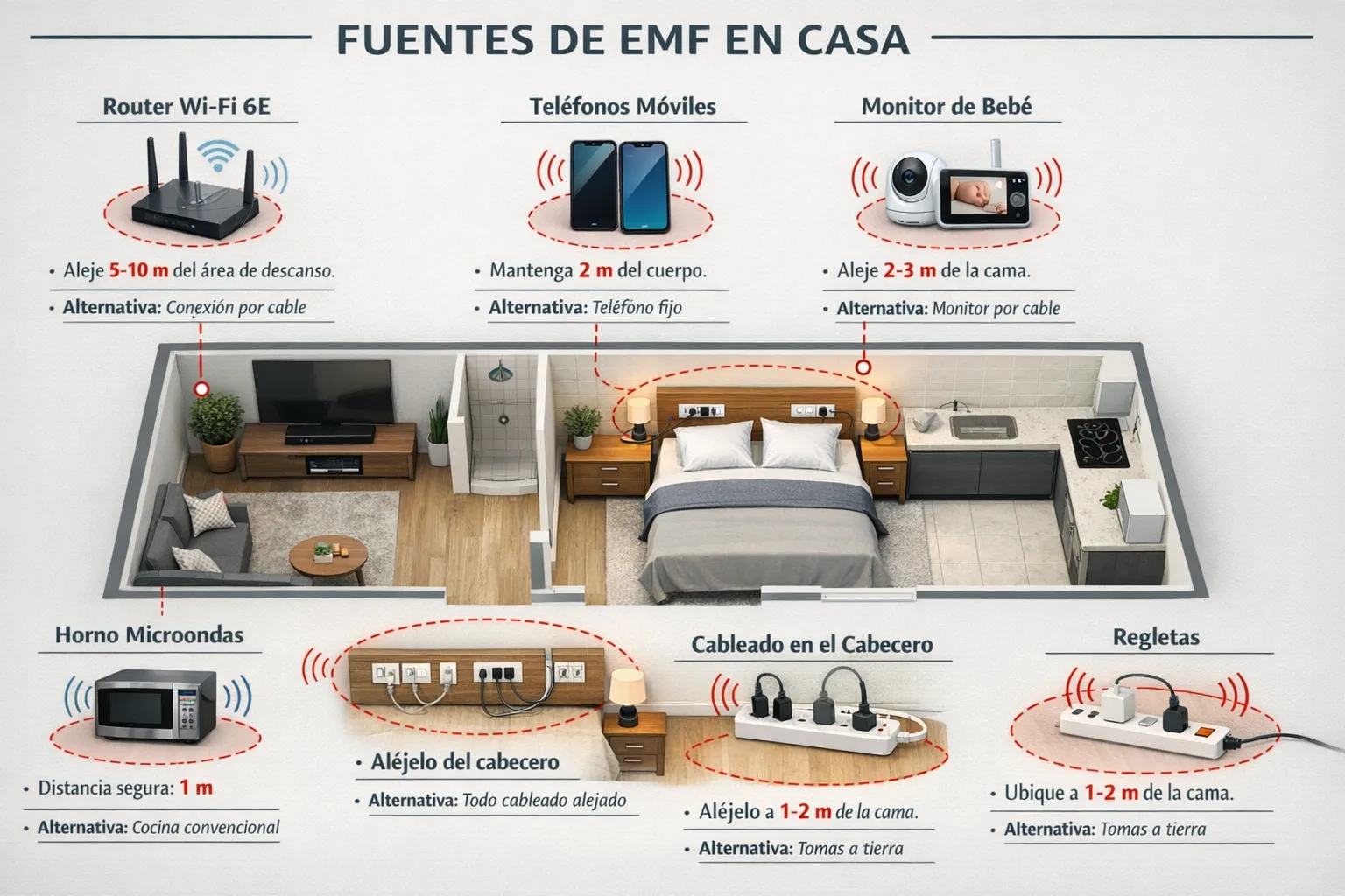 Plano de una vivienda moderna señalando las principales fuentes de EMF, como router Wi‑Fi 6E, móviles, monitores de bebé, hornos microondas, regletas y cableado junto al cabecero, indicando distancias recomendadas y alternativas cableadas para cada zona.