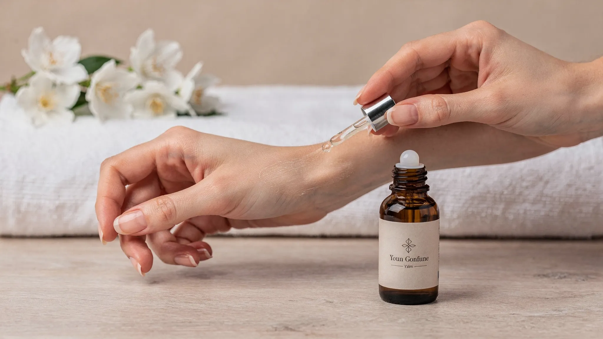 Primer plano de una mano aplicando perfume en aceite con roll-on sobre la muñeca, con piel hidratada y un frasco de vidrio ámbar, flores de jazmín y una toalla blanca al fondo.