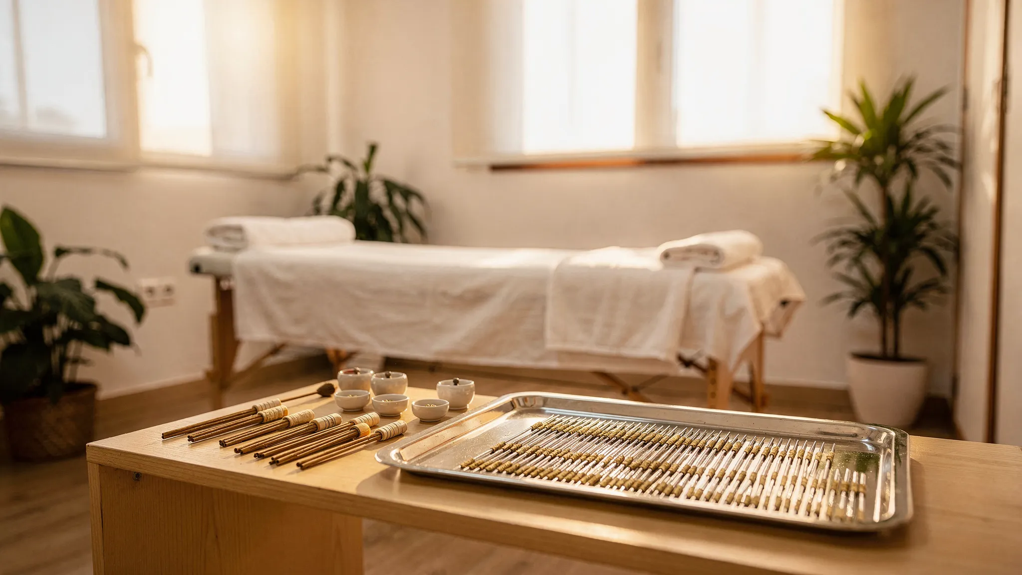 Sala de consulta luminosa en Barcelona con decoración minimalista japonesa, camilla, luz cálida, material de moxibustión y un juego de agujas ultrafinas ordenadas sobre una bandeja estéril.