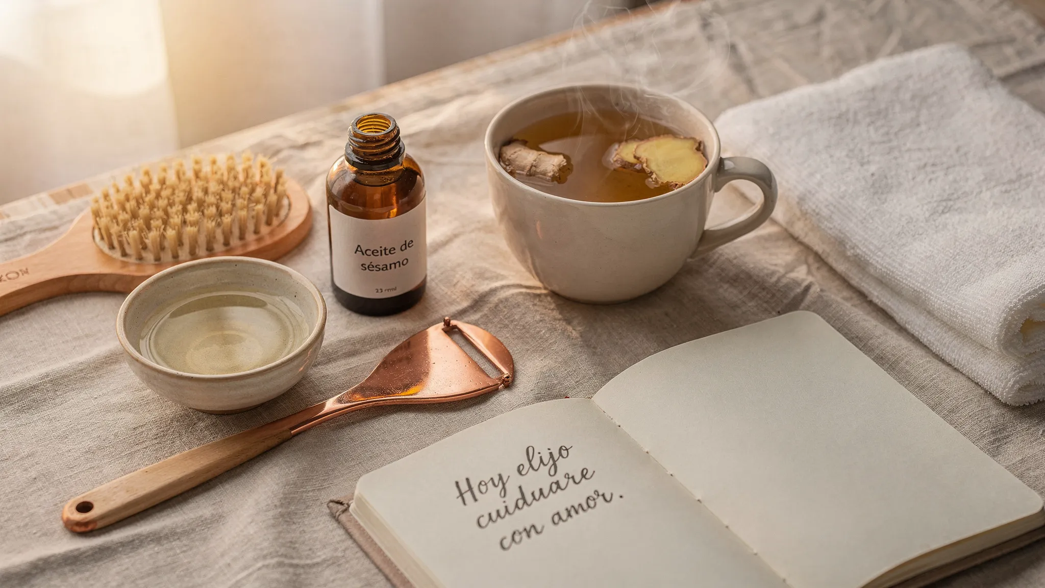 Un bodegón sobre lino claro con herramientas de una rutina ayurvédica matinal: raspador de lengua de cobre, frasco de aceite de sésamo, taza de infusión de jengibre, cuenco para oil pulling, cepillo corporal, toalla y un diario abierto con una afirmación positiva escrita a mano.