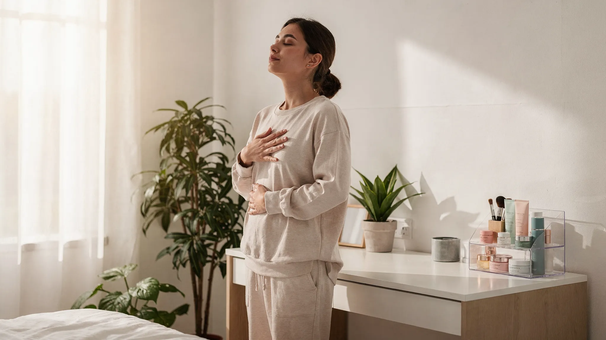 Una persona frente a un tocador minimalista, con plantas y luz de mañana entrando por la ventana. Respira con una mano en el corazón y otra en el abdomen, mientras en la mesa hay pocos productos de skincare ordenados en un organizador de cosméticos.