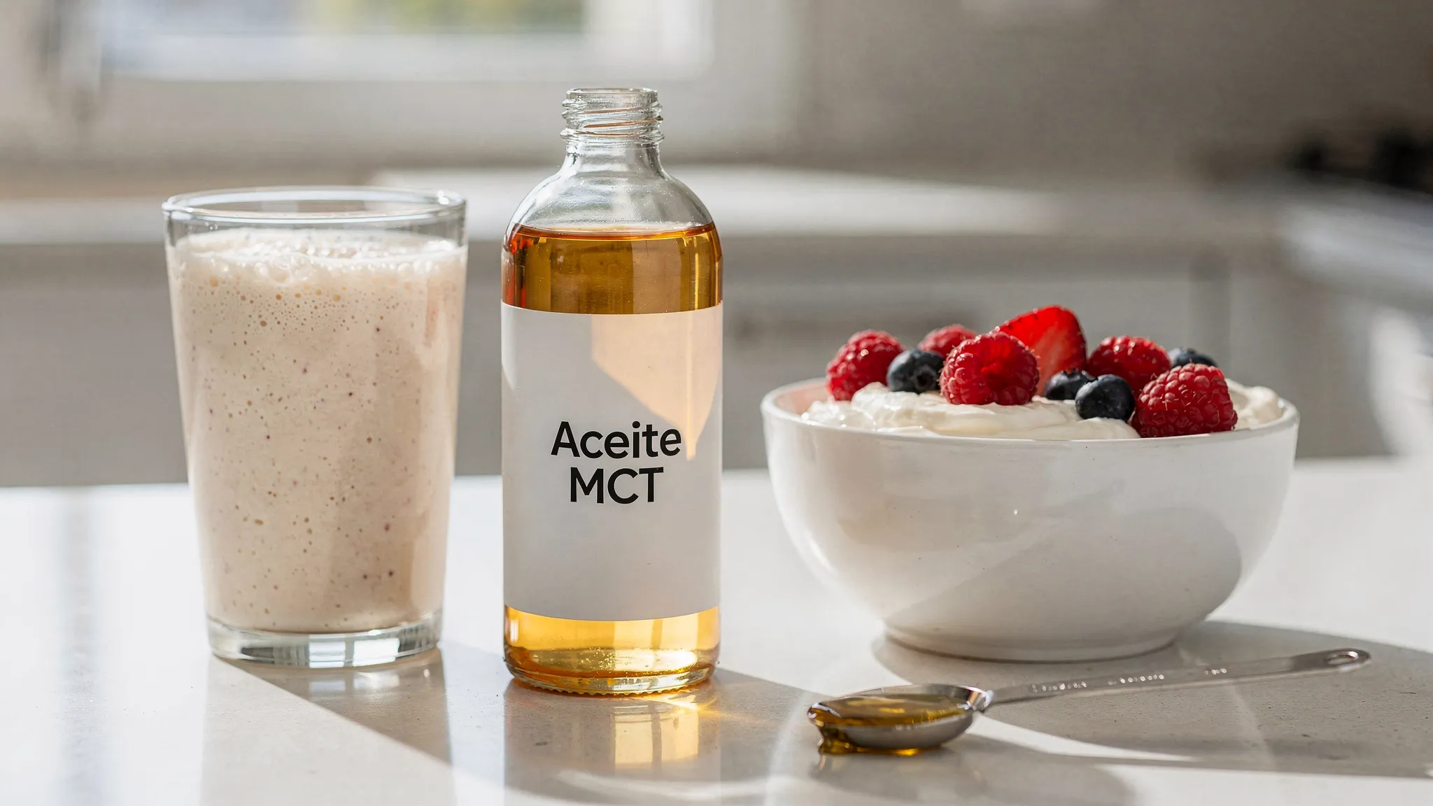 Botella de aceite MCT junto a un batido en vaso, un cuenco de yogur con frutos rojos y una cuchara medidora, en una encimera de cocina luminosa.