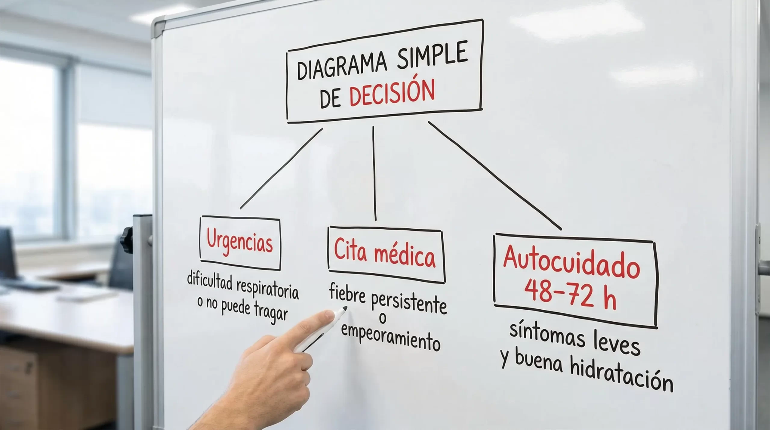 Diagrama simple de decisión con tres rutas: Urgencias (dificultad respiratoria o no puede tragar), Cita médica (fiebre persistente o empeoramiento), Autocuidado 48-72 h (síntomas leves y buena hidratación).