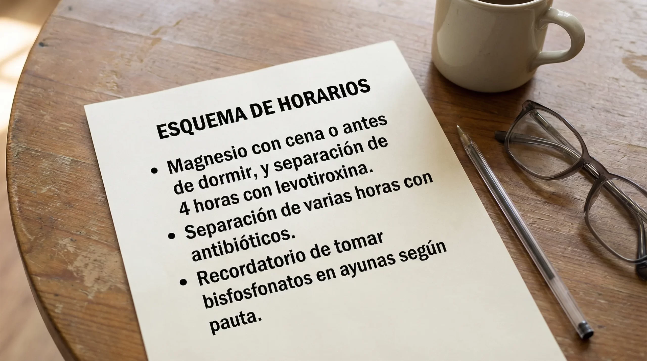 Esquema simple de horarios: magnesio con cena o antes de dormir, y separación de 4 horas con levotiroxina; separación de varias horas con antibióticos; recordatorio de tomar bisfosfonatos en ayunas según pauta.