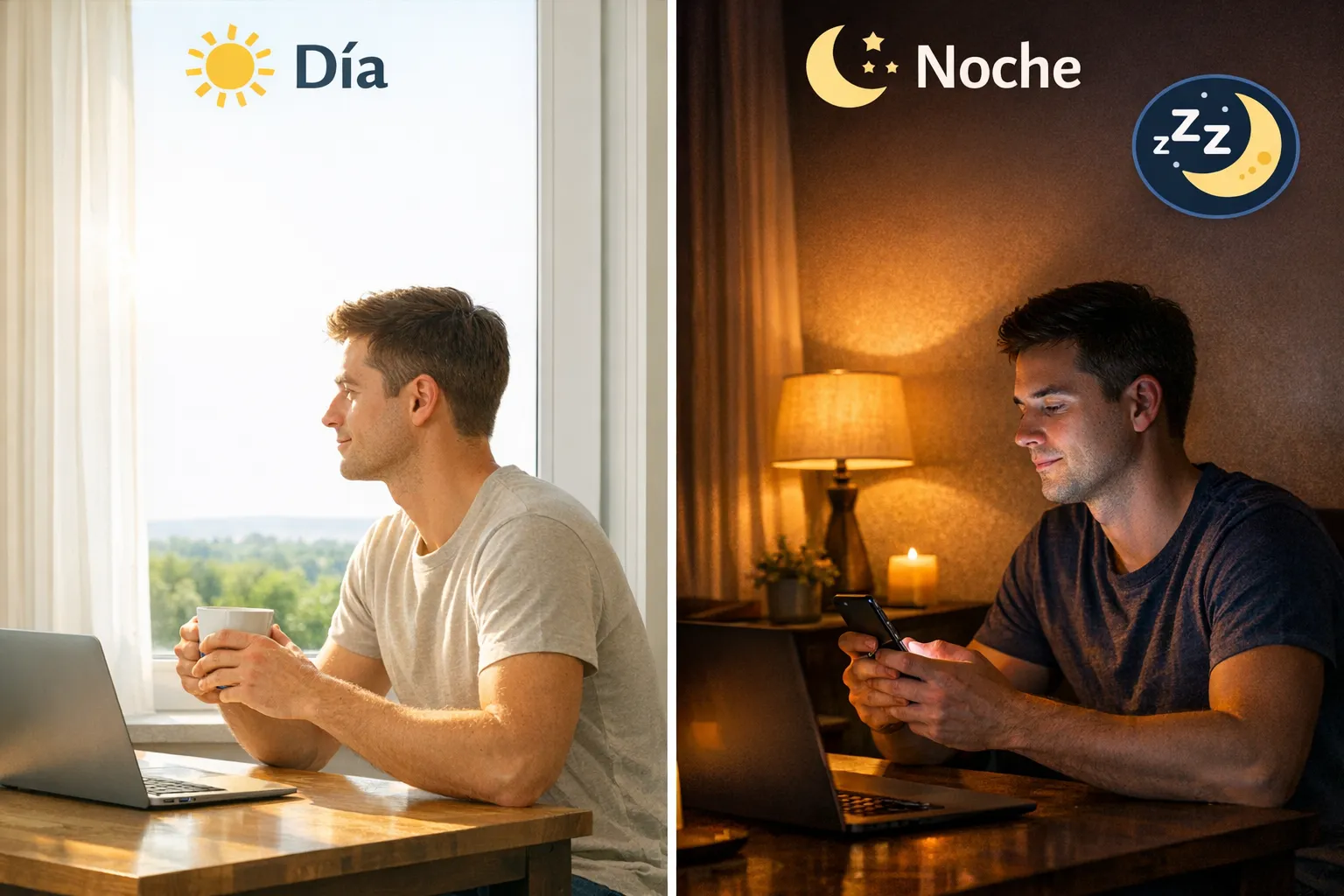 Ilustración simple de un ciclo día-noche: por la mañana una persona recibe luz natural junto a una ventana; por la noche, luces cálidas tenues y pantalla en modo nocturno, con un icono de sueño reparador.