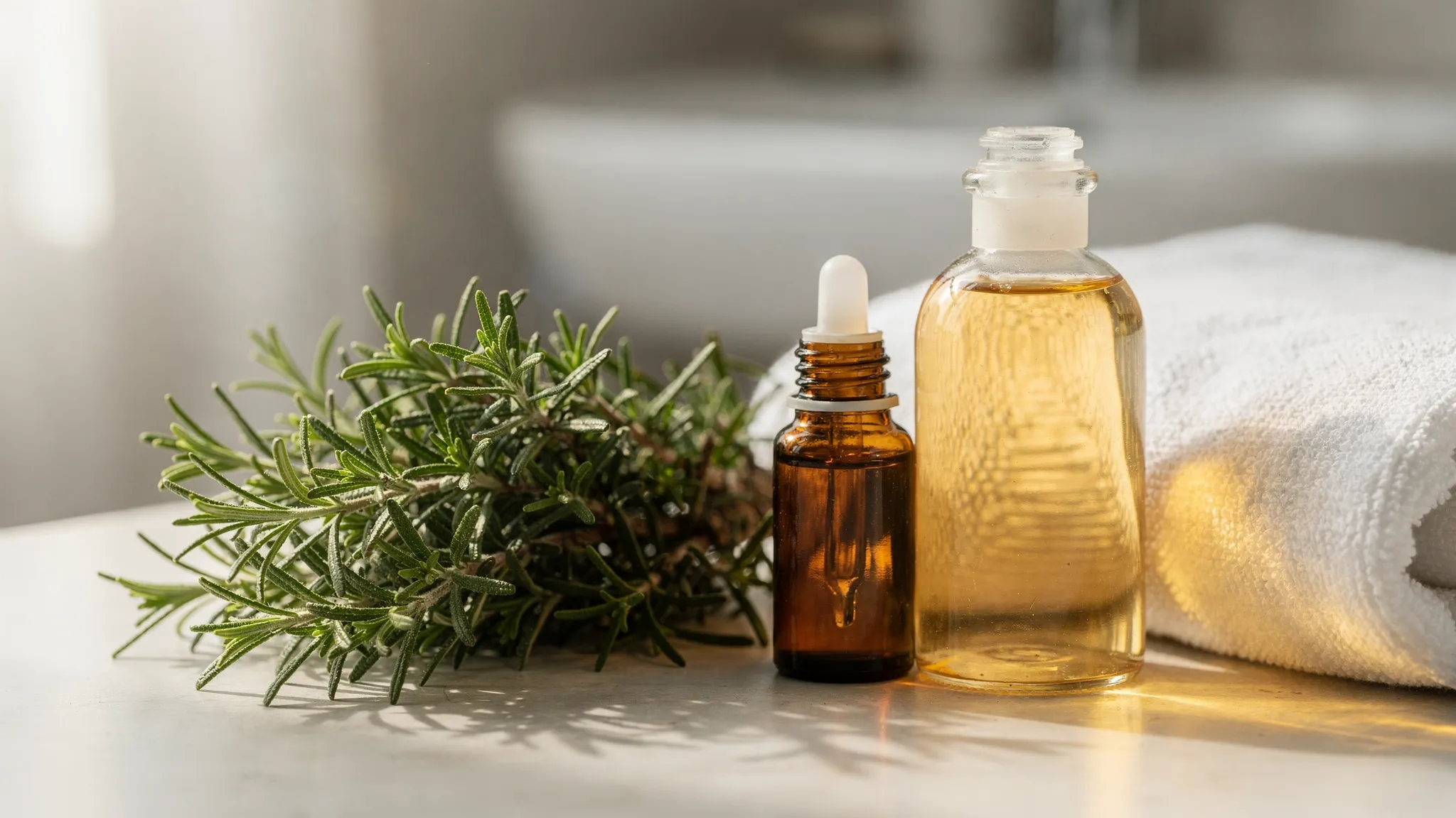 Manojo de romero fresco junto a un frasco cuentagotas de aceite esencial y un aceite portador, sobre una encimera de baño minimalista con toalla blanca.