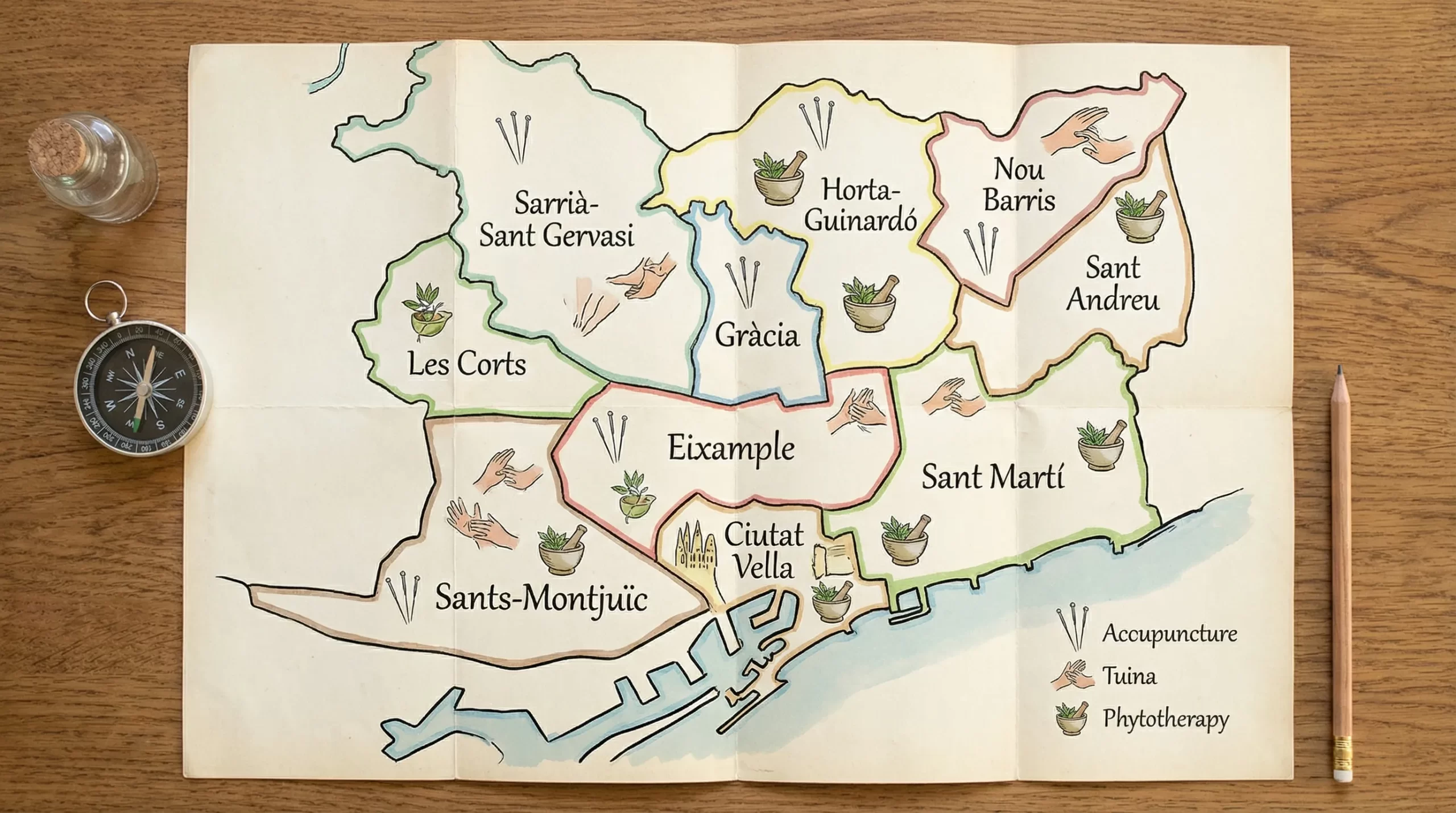 Mapa ilustrado de Barcelona con distritos señalados (Eixample, Gràcia, Sarrià-Sant Gervasi, Les Corts, Ciutat Vella, Sant Martí, Sants-Montjuïc, Horta-Guinardó, Nou Barris, Sant Andreu) y pequeños iconos de acupuntura, tuina y fitoterapia.