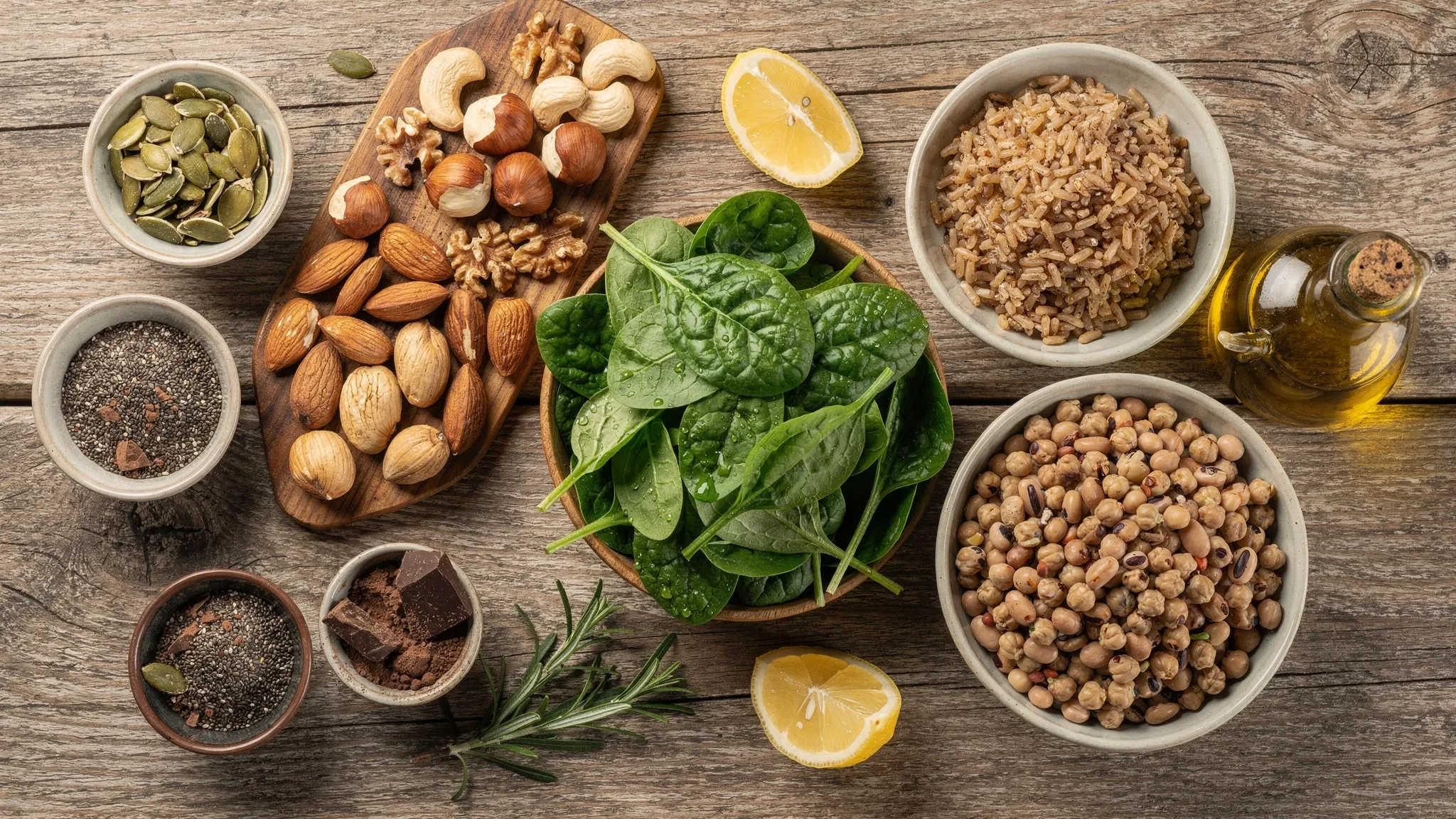 Mesa con alimentos ricos en magnesio: semillas de calabaza y chía, frutos secos, espinacas, legumbres cocidas, arroz integral y cacao puro, presentados como opciones de dieta mediterránea.