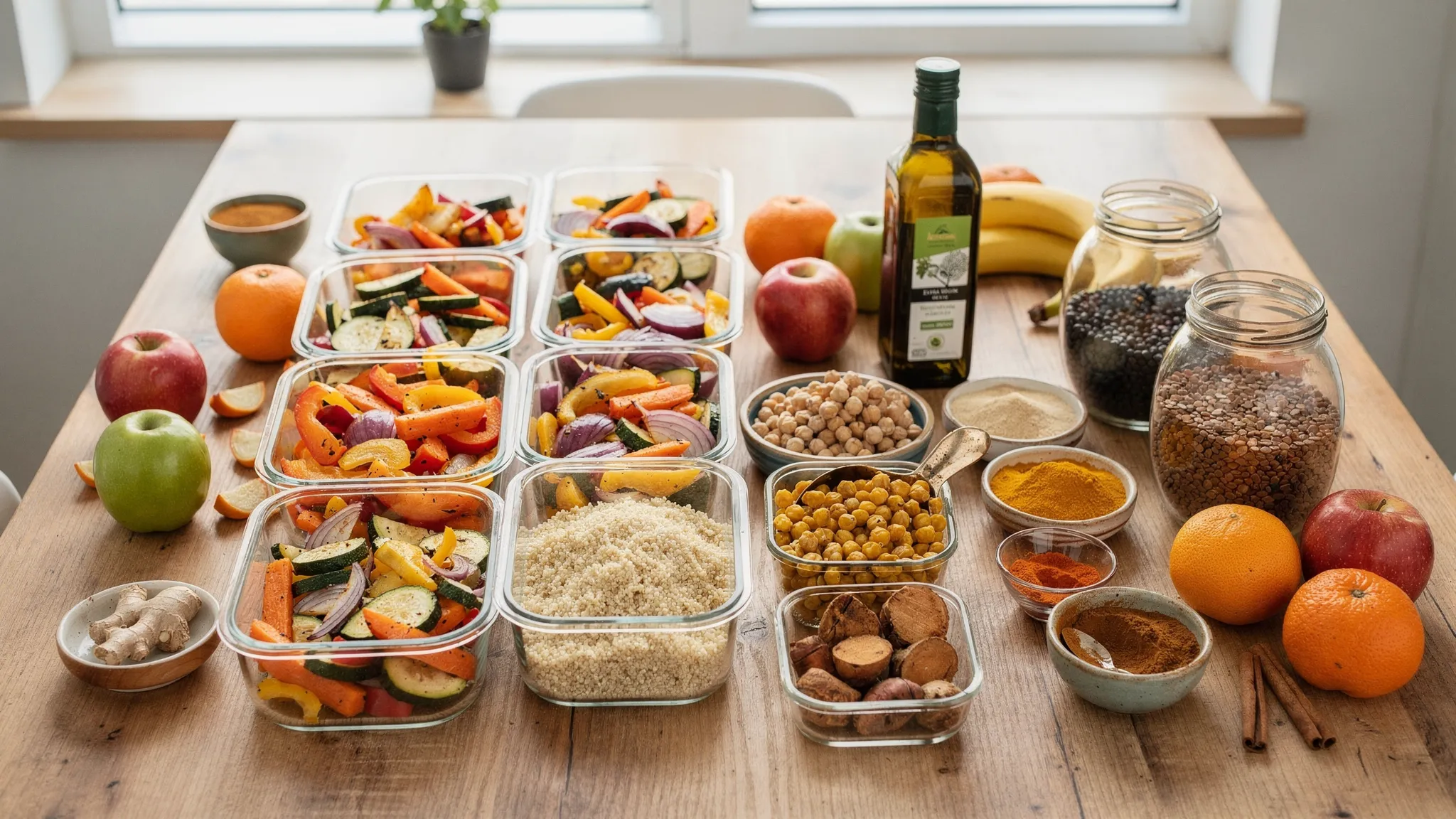 Mesa de cocina con recipientes de batch cooking: verduras asadas, quinoa cocida, tarros de garbanzos y lentejas, frutas enteras, bote de aceite de oliva virgen extra y especias como cúrcuma, jengibre y canela.