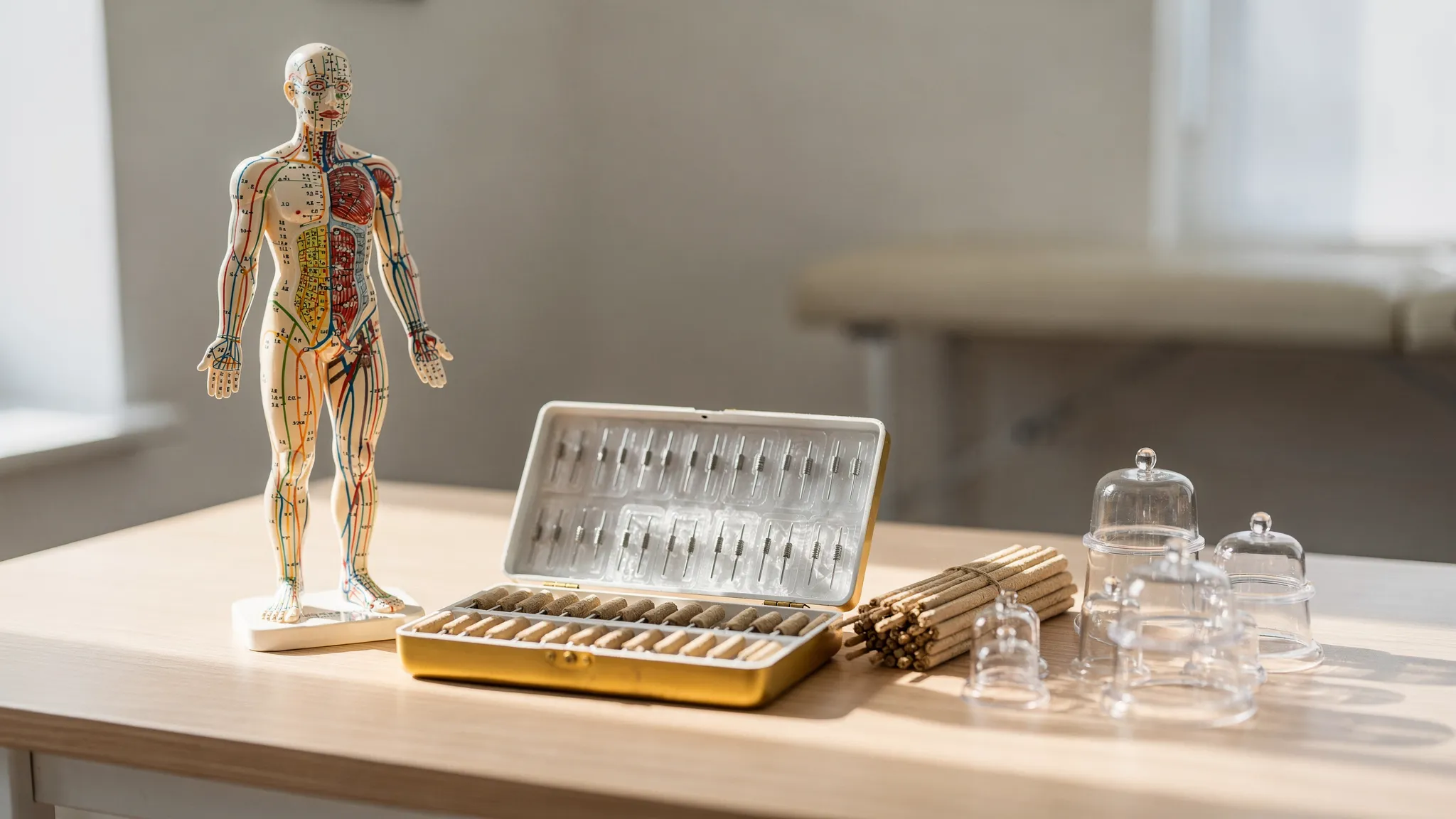 Mesa de consulta con elementos típicos de medicina tradicional china: modelo anatómico de meridianos, caja de agujas estériles, moxa y ventosas, en un espacio limpio y sereno con luz natural.