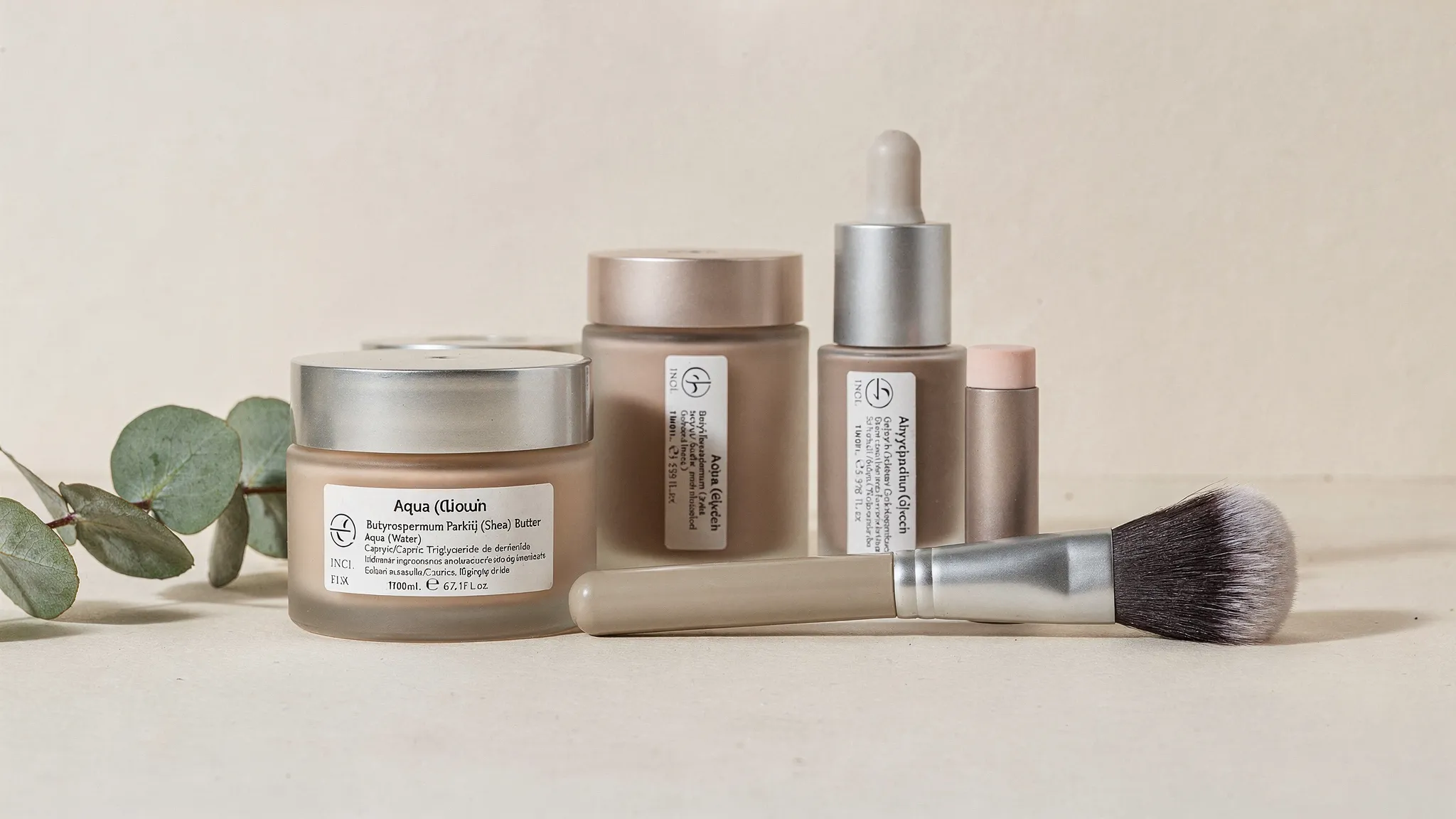 Un bodegón de maquillaje minimalista con envases de vidrio y aluminio, etiquetas INCI visibles y tonos neutros, junto a hojas de eucalipto y una brocha de fibras sintéticas.
