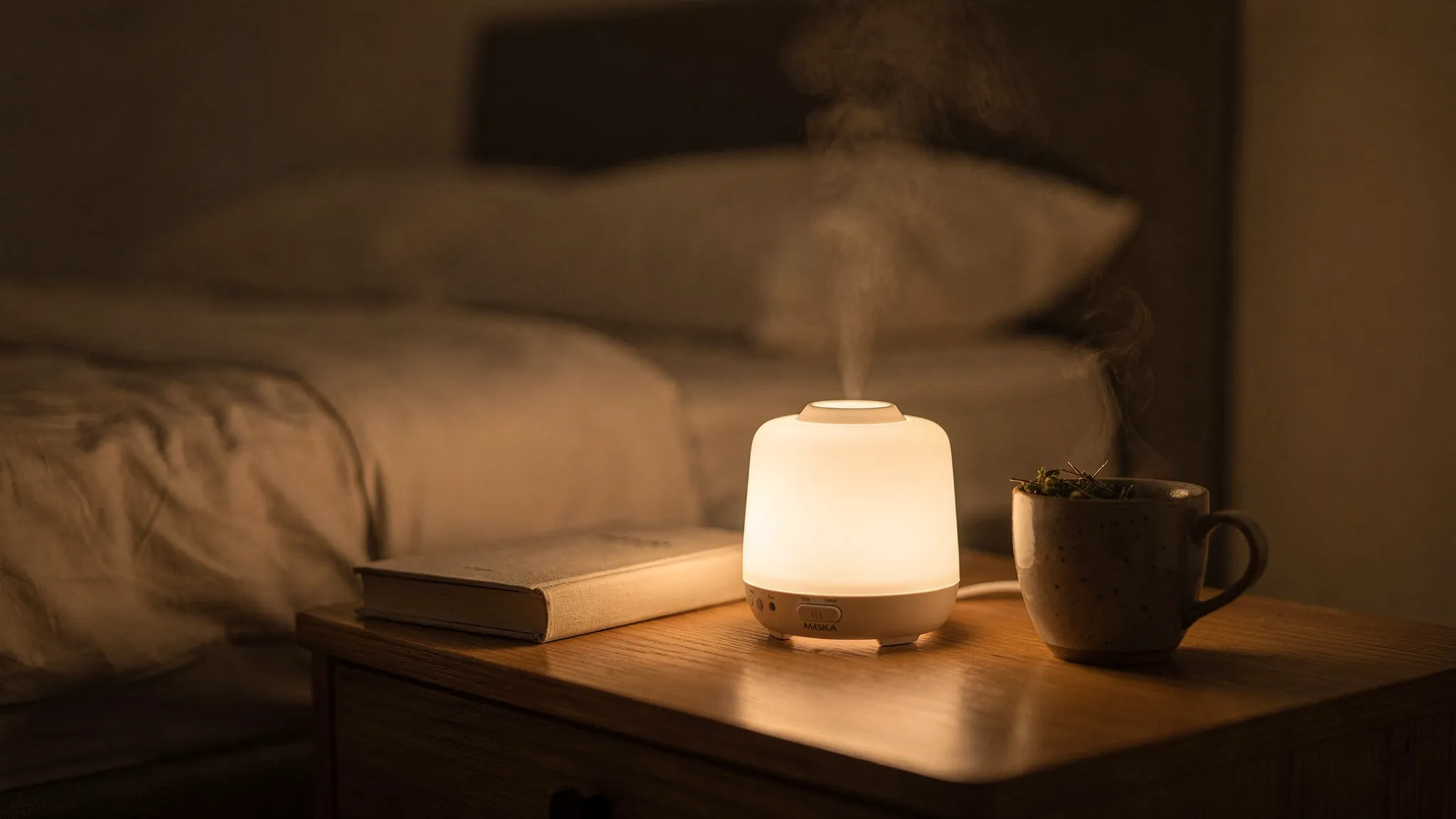 Un dormitorio nocturno acogedor con una luz cálida tenue, una mesita de noche con un difusor de aceites esenciales ultrasónico emitiendo una bruma suave, un libro cerrado y una taza de infusión; ambiente sereno y minimalista.