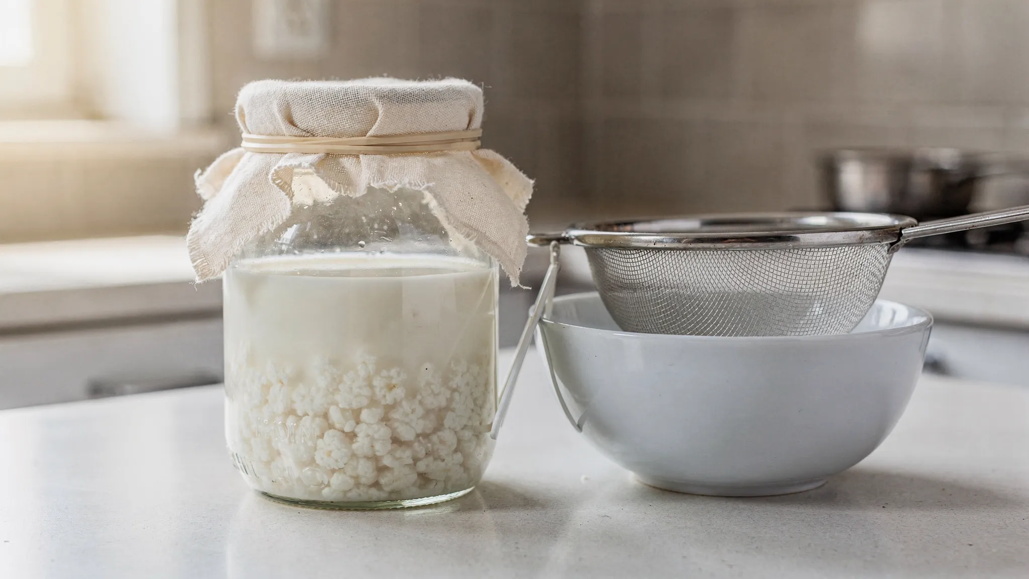Un tarro de cristal con leche fermentando con granos de kéfir en una encimera de cocina, cubierto con un paño sujeto con una goma. Al lado, un colador y un bol para colar el kéfir.