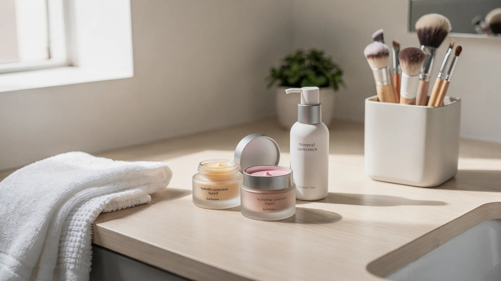 Un tocador minimalista con productos de belleza natural en envases recargables, un bálsamo labial hidratante, un protector solar mineral y un organizador de cosméticos con brochas limpias. La escena incluye una toalla de algodón, una planta pequeña y luz natural suave.