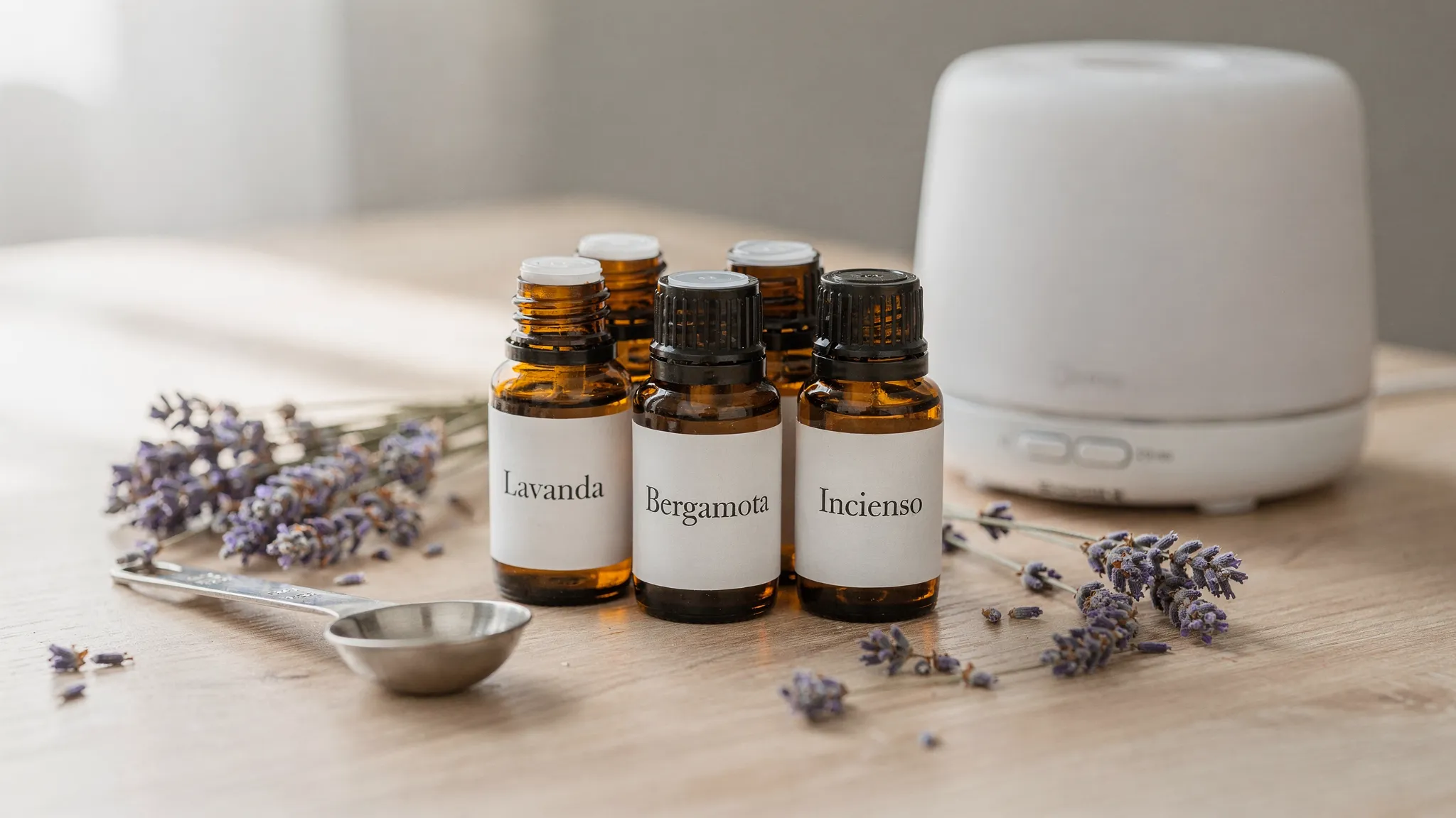 Una composición en mesa de madera con frascos pequeños de aceites esenciales etiquetados (lavanda, bergamota, incienso), una cucharita medidora, ramitas de lavanda secas y un difusor ultrasónico apagado; escena limpia y tranquila.