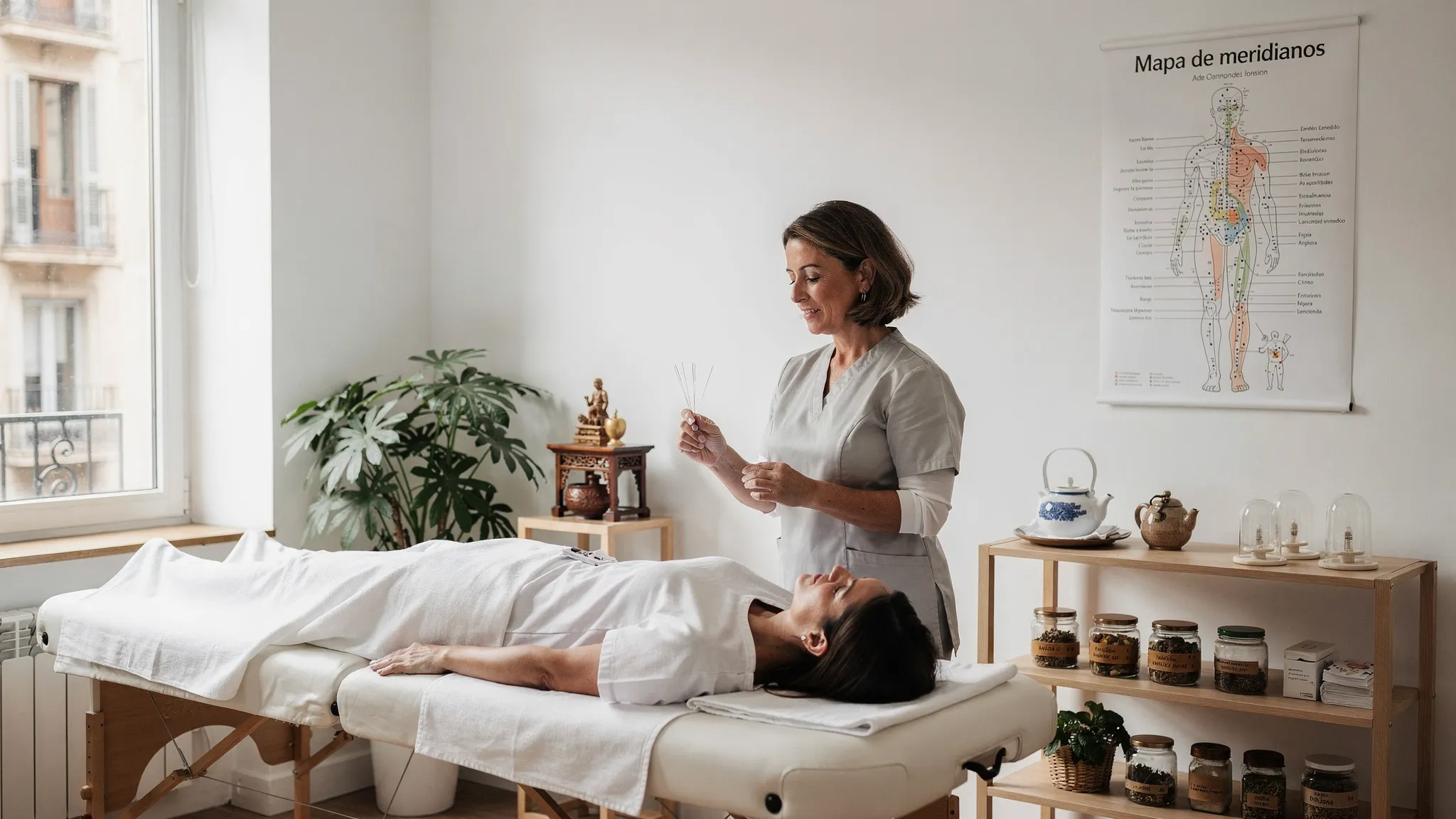 Una consulta de acupuntura en Barcelona con camilla, luz natural, elementos de medicina tradicional china y un mapa simple de meridianos en la pared.
