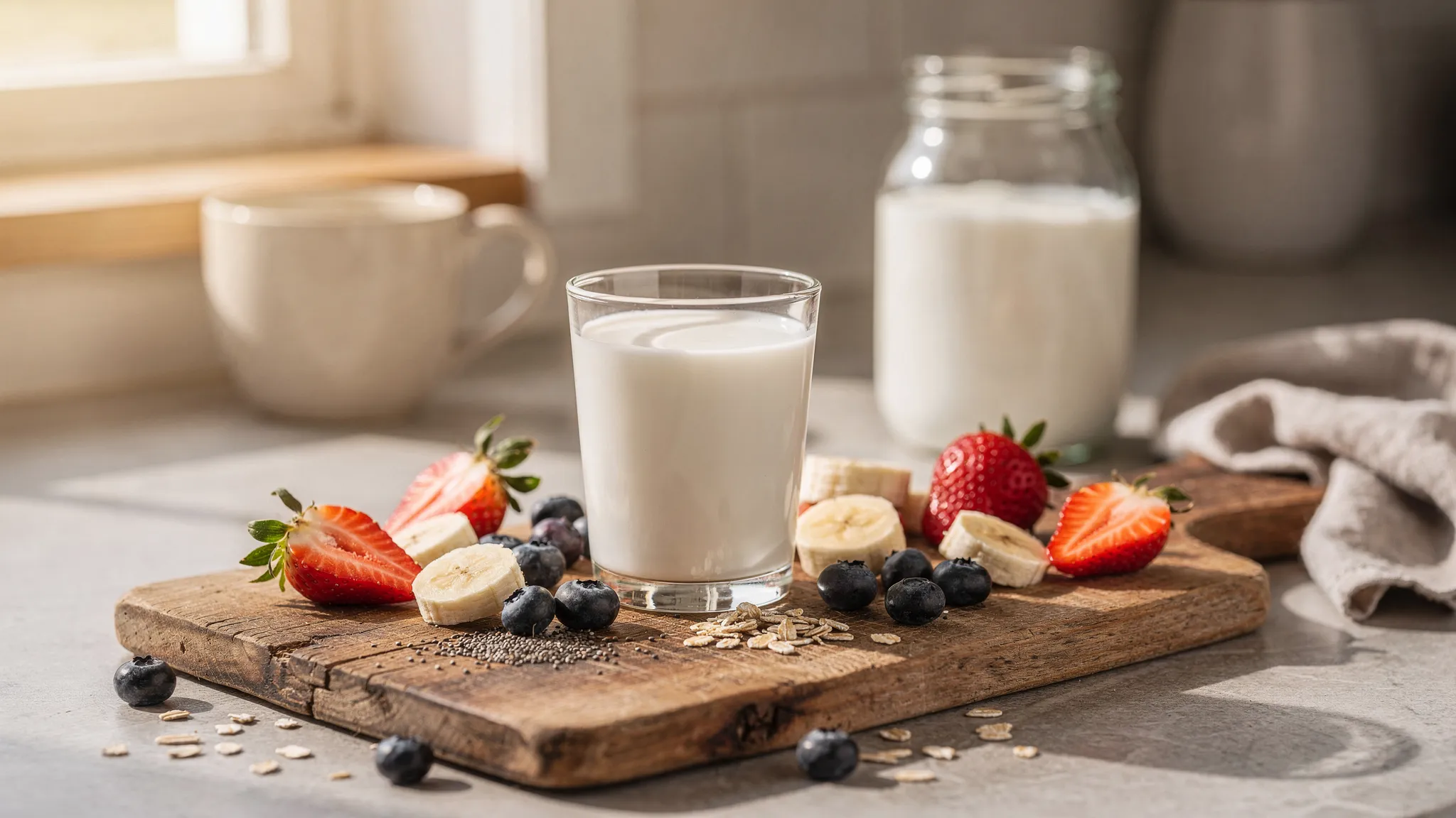 Una escena de cocina acogedora con un vaso de kéfir servido con frutas, una tabla de madera, un tarro al fondo y una luz suave de mañana.
