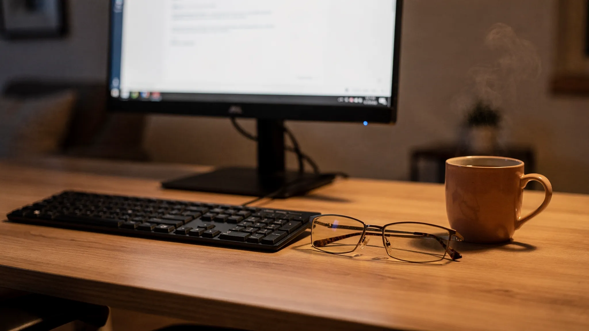 Una mesa de trabajo nocturna con luz cálida, pantalla con brillo moderado, unas gafas con lentes ligeramente ámbar al lado del teclado y una taza de té; el ambiente transmite descanso y ergonomía.