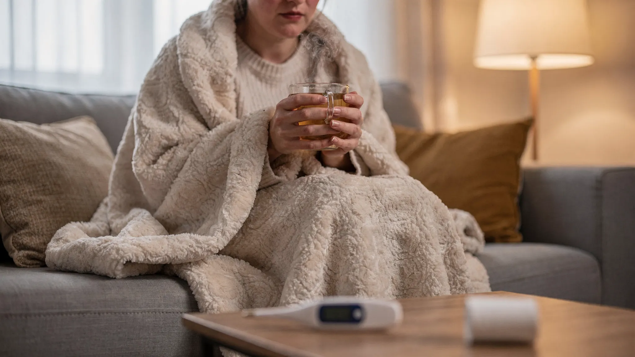 Una persona en casa con una taza de infusión templada, un termómetro y una manta en el sofá, transmitiendo autocuidado durante un resfriado con fiebre.