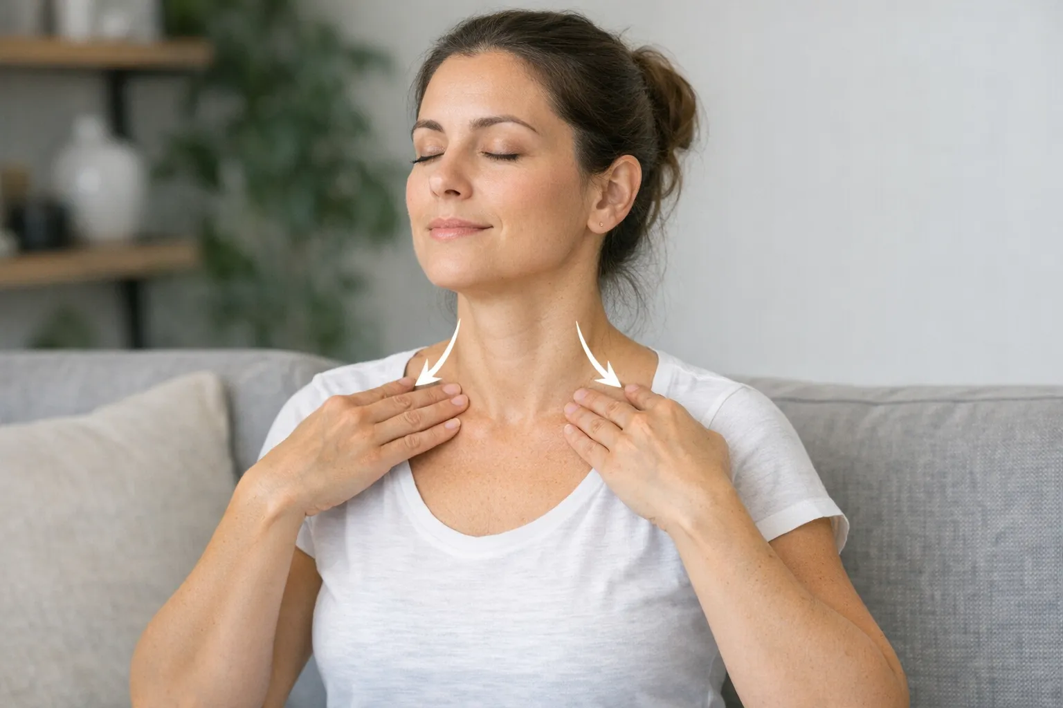 Una persona sentada con postura relajada realiza respiración diafragmática y suaves movimientos de masaje en el cuello y la zona supraclavicular, con flechas discretas que indican la dirección de los pases hacia las clavículas.