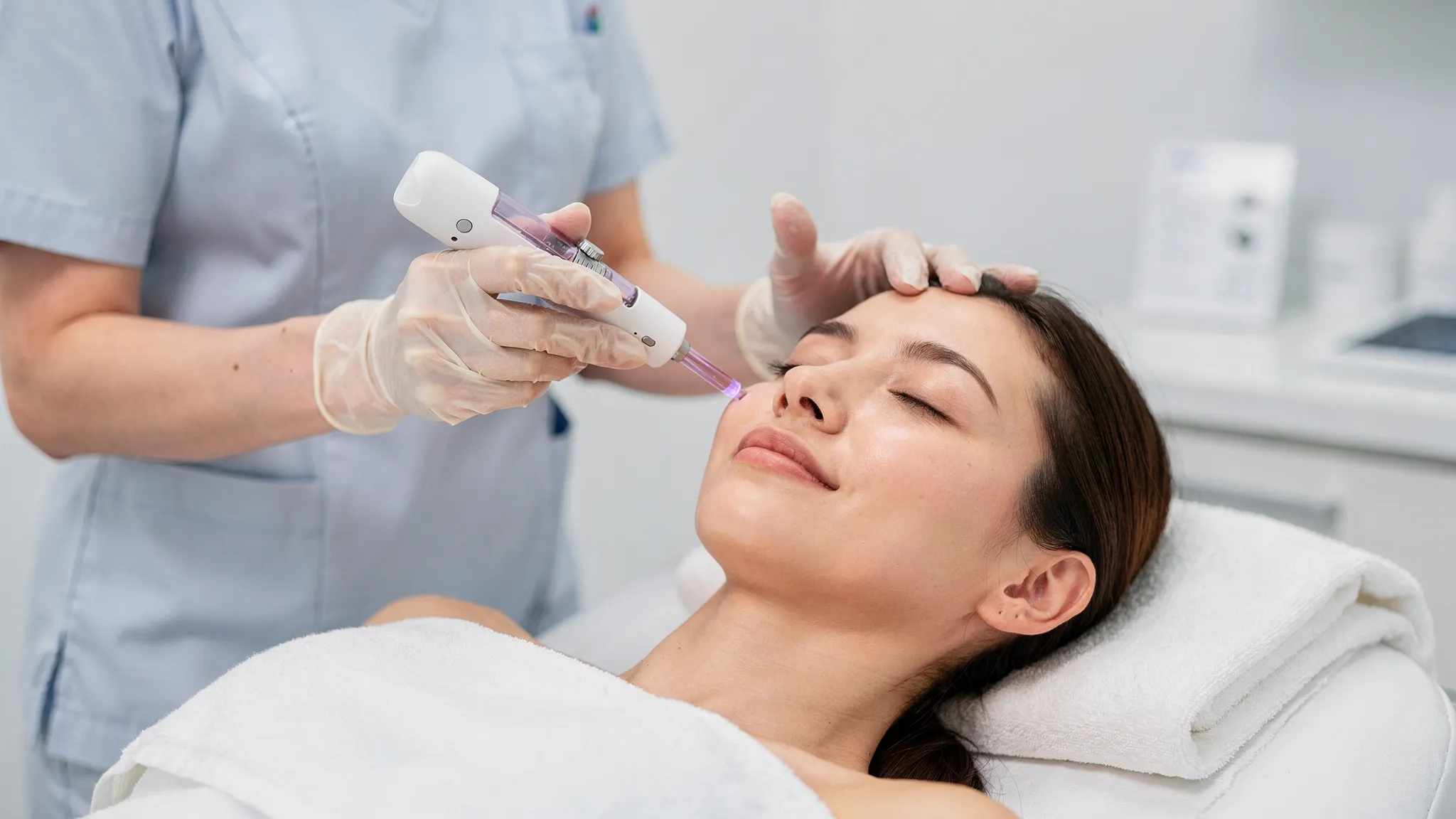 Una sesión de acupuntura facial con láser de baja potencia usando un dispositivo de mano inalámbrico (sin cables), aplicado cerca de puntos del rostro en un entorno clínico limpio, con el paciente recostado y relajado.