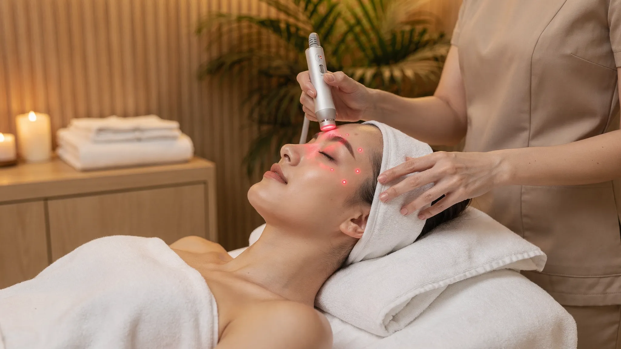 Una sesión de acupuntura láser estética en un entorno tipo spa, con un dispositivo de láser inalámbrico apuntando a puntos faciales. La persona está recostada y relajada, con una luz ambiente cálida y elementos naturales como madera y plantas.
