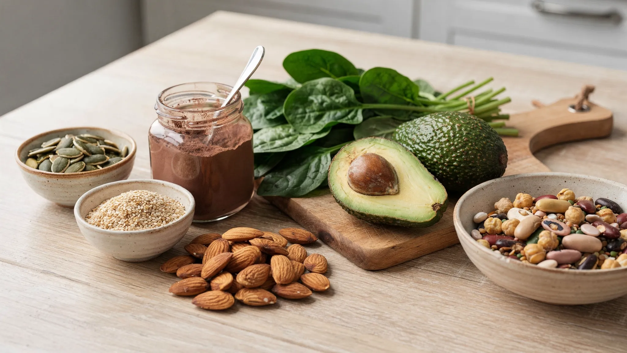 Bodegón de alimentos ricos en magnesio: semillas de calabaza y sésamo, almendras, cacao puro, espinacas, aguacate y legumbres, sobre una mesa de cocina luminosa.