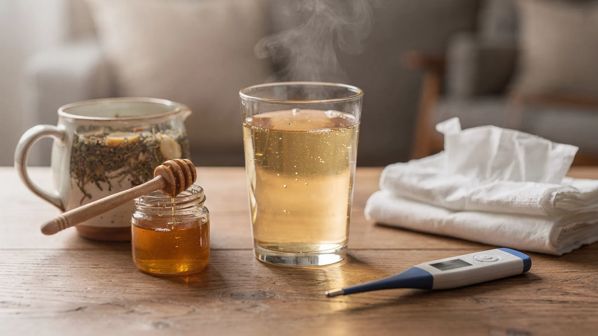 Escena de autocuidado en casa: una mesa con un vaso de agua tibia con sal para gárgaras, una taza de infusión y un tarro de miel, junto a un termómetro y pañuelos, sin pantallas.