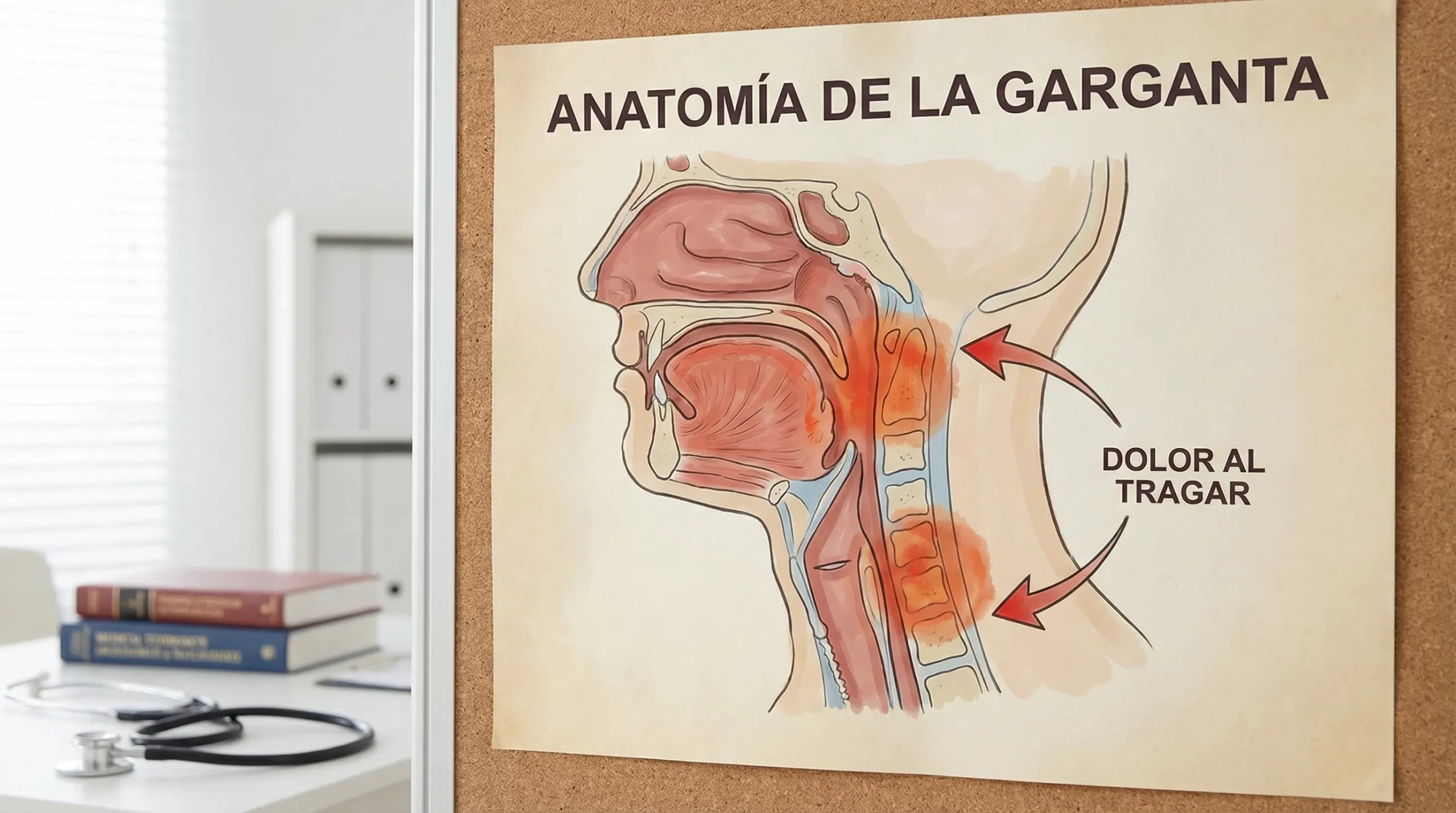 Ilustración anatómica sencilla de la garganta y la faringe, mostrando zonas típicas de inflamación (amígdalas, pared faríngea) y flechas que indican dolor al tragar.
