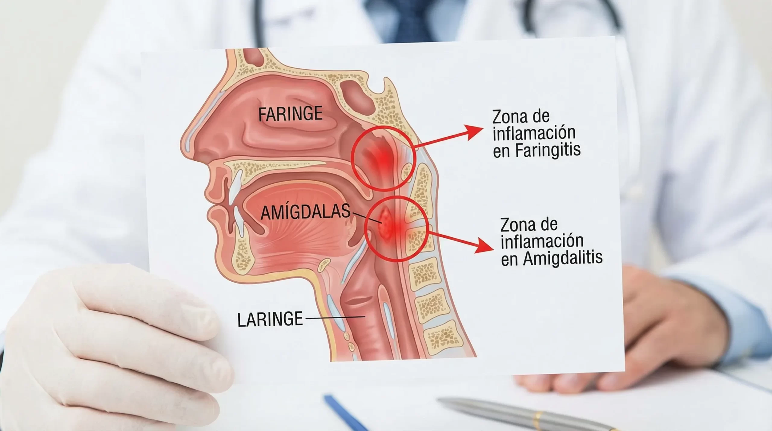 Ilustración clara de la garganta mostrando faringe, amígdalas y laringe, con zonas resaltadas donde suele aparecer inflamación en faringitis y amigdalitis.