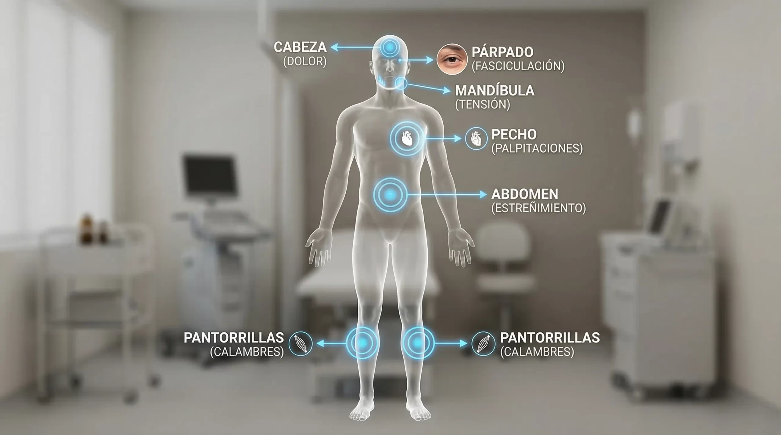 Ilustración clara del cuerpo humano con zonas resaltadas donde suelen notarse síntomas por falta de magnesio: pantorrillas (calambres), párpado (fasciculación), mandíbula (tensión), pecho (palpitaciones), abdomen (estreñimiento) y cabeza (dolor).