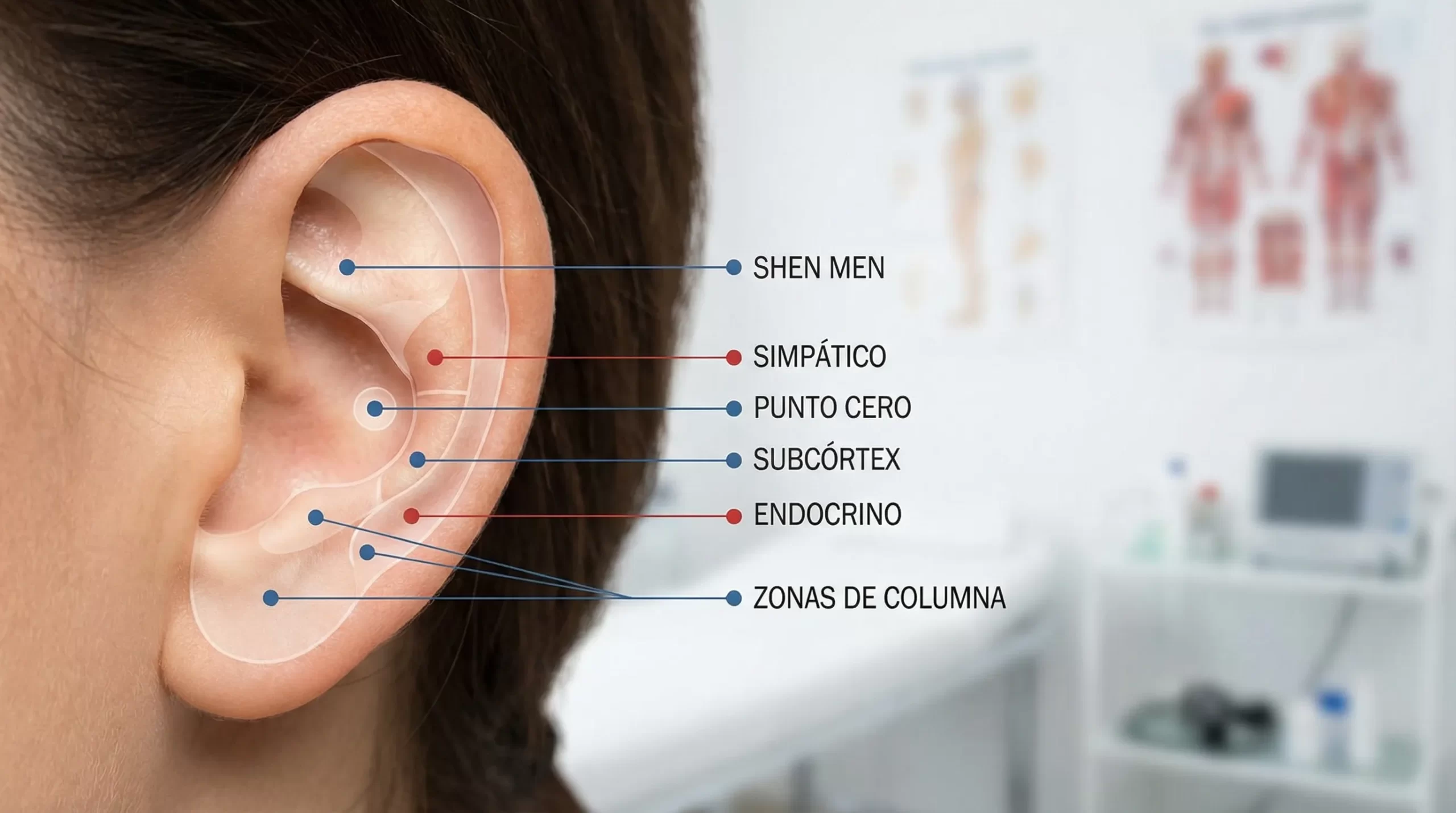 Ilustración de una oreja izquierda con un mapa simplificado de puntos de auriculoterapia (Shen Men, Simpático, Punto Cero, Subcórtex, Endocrino, zonas de columna), con etiquetas claras y sin exceso de detalles.