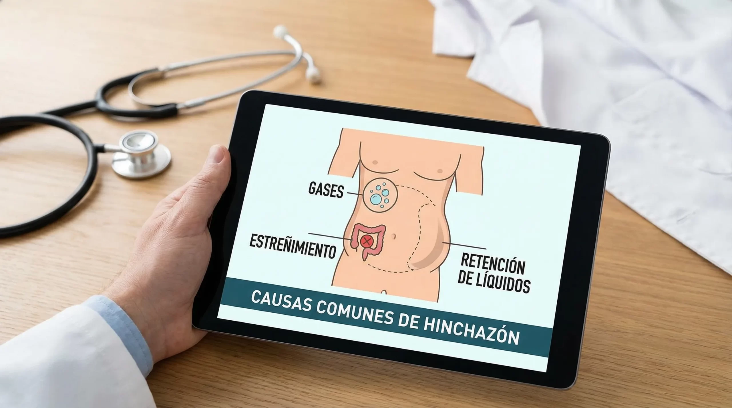 Ilustración sencilla del abdomen con etiquetas que diferencian gases, estreñimiento y retención de líquidos como causas comunes de hinchazón.