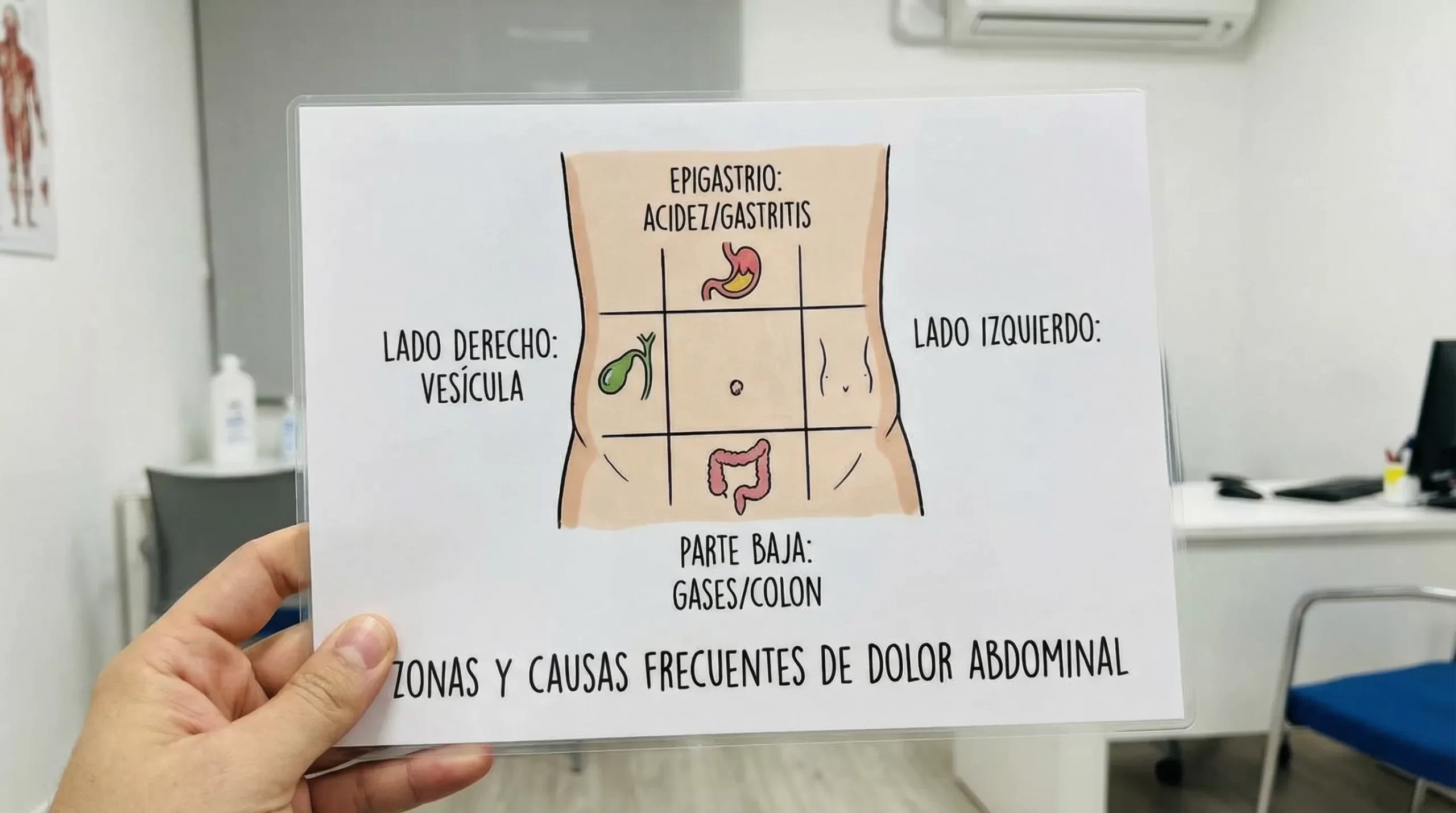 Ilustración sencilla del abdomen dividido en zonas (epigastrio, lado derecho, lado izquierdo, parte baja), con ejemplos de causas frecuentes en cada zona: acidez/gastritis en epigastrio, vesícula en lado derecho, gases/colon en parte baja.