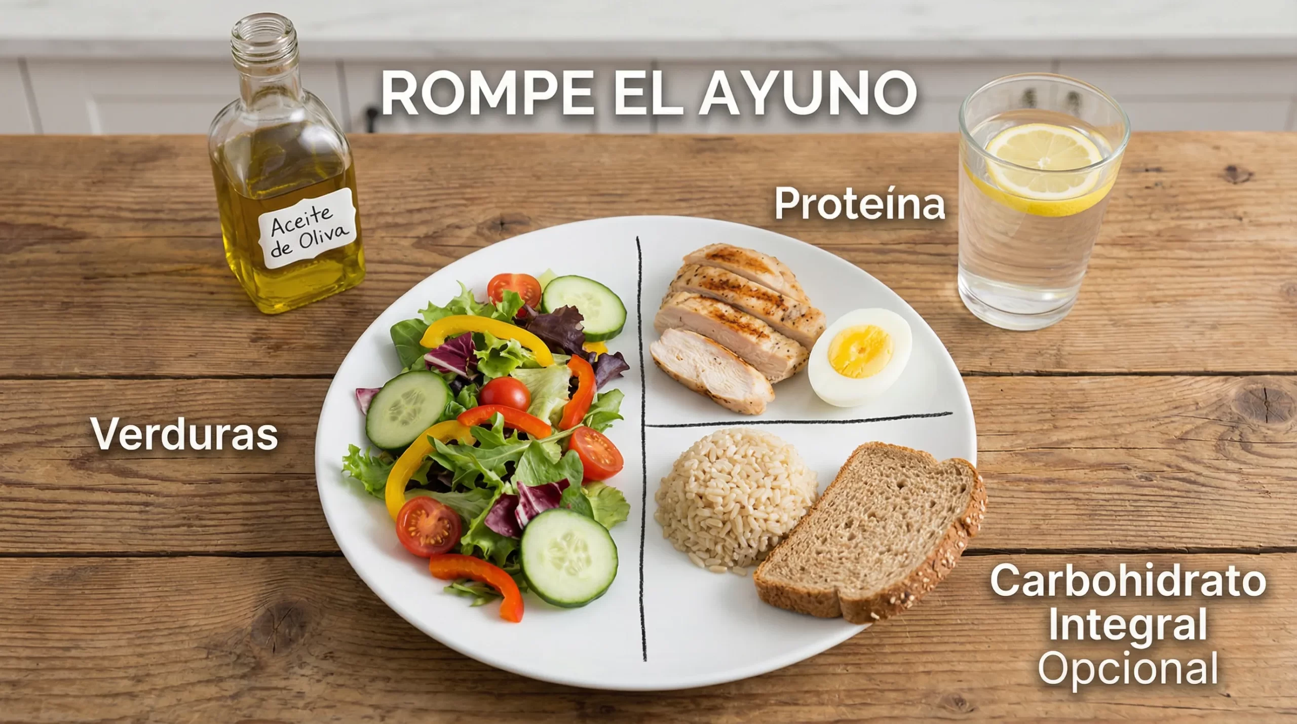 Infografía simple de un plato para romper el ayuno: mitad verduras, un cuarto proteína, un cuarto carbohidrato integral opcional, con aceite de oliva y agua a un lado.