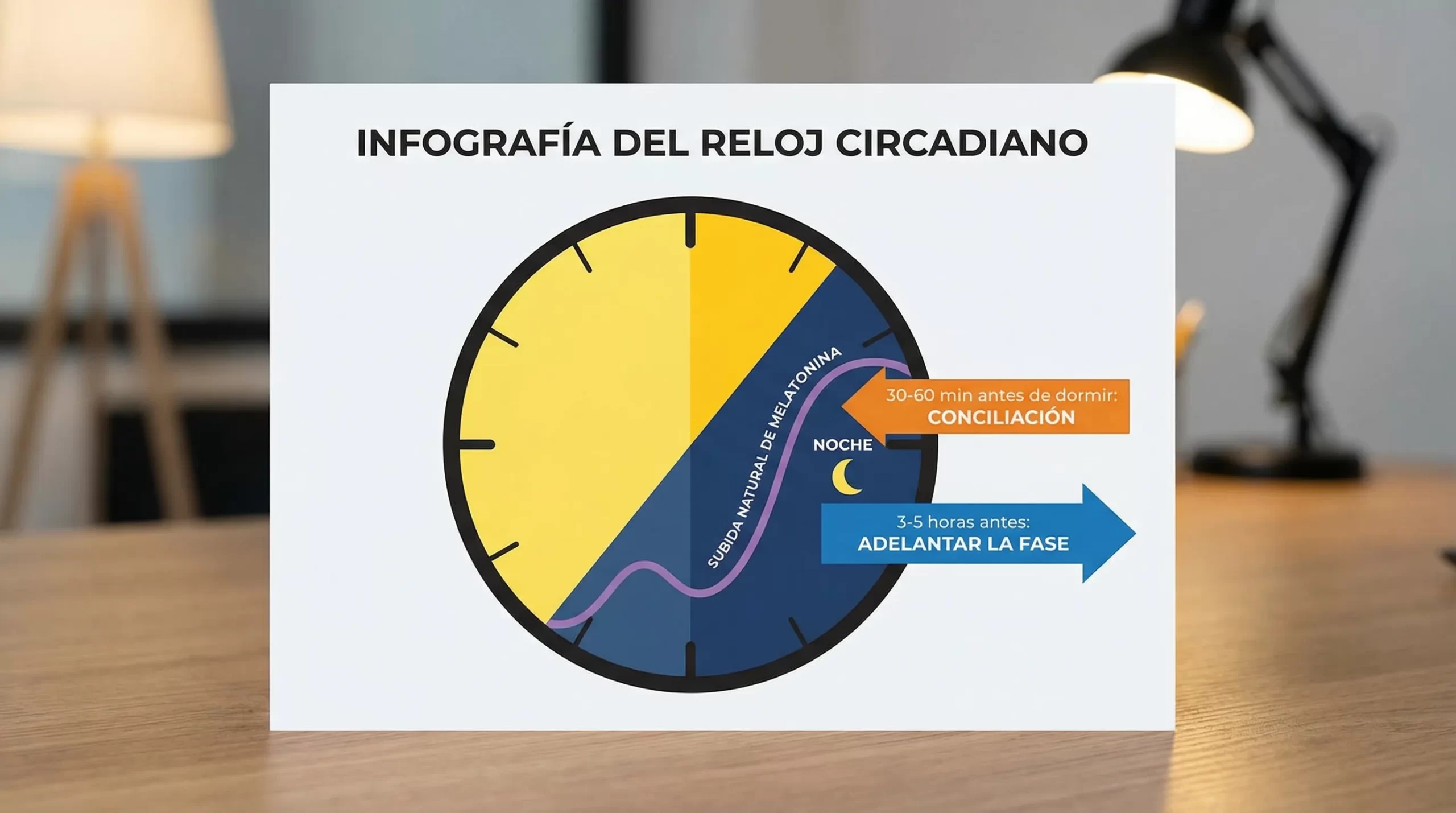Infografía simple del reloj circadiano mostrando una noche, la subida natural de melatonina al oscurecer y dos ventanas de suplementación: 30-60 min antes de dormir para conciliación y 3-5 horas antes para adelantar la fase.