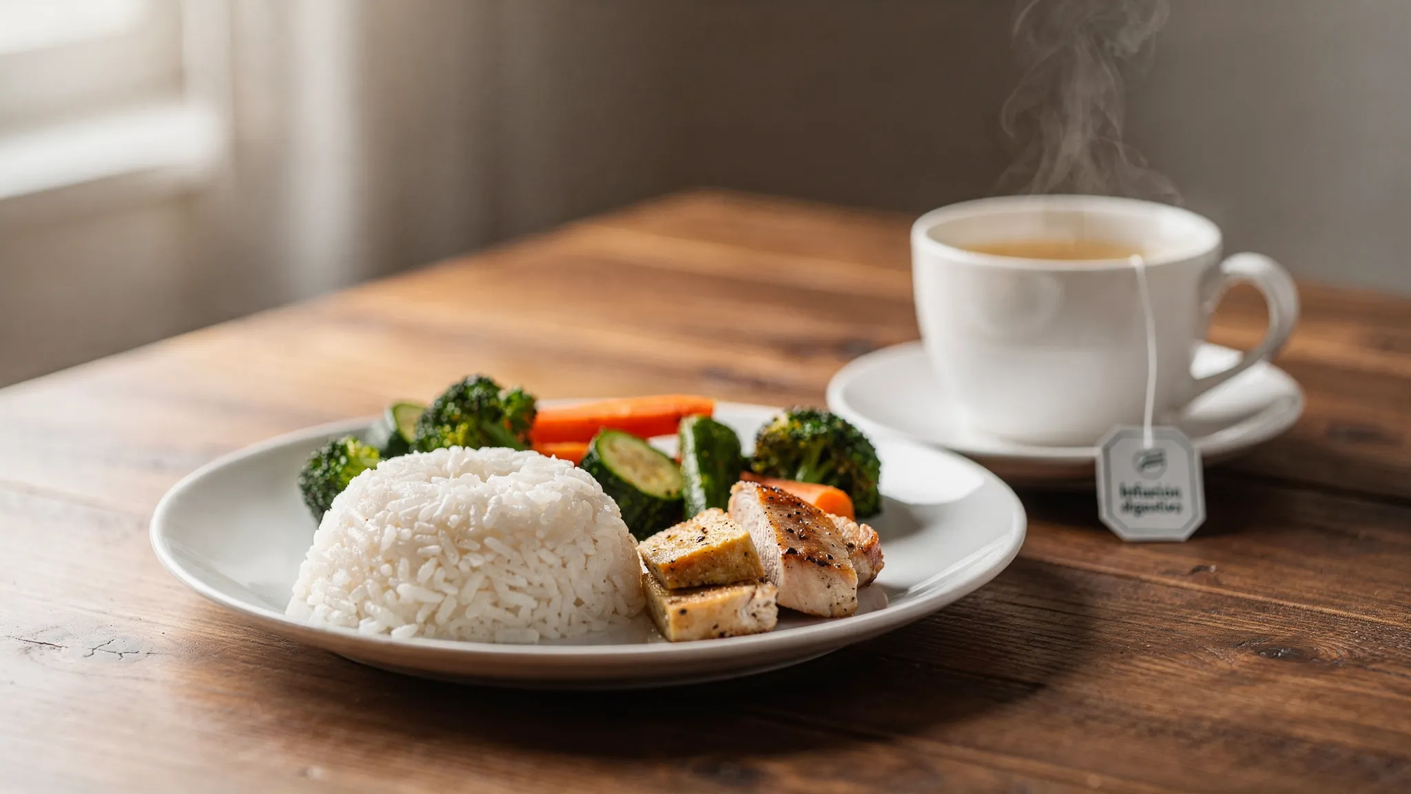 Mesa con un plato sencillo y templado (arroz, verduras cocidas y proteína ligera) junto a una taza de infusión digestiva.
