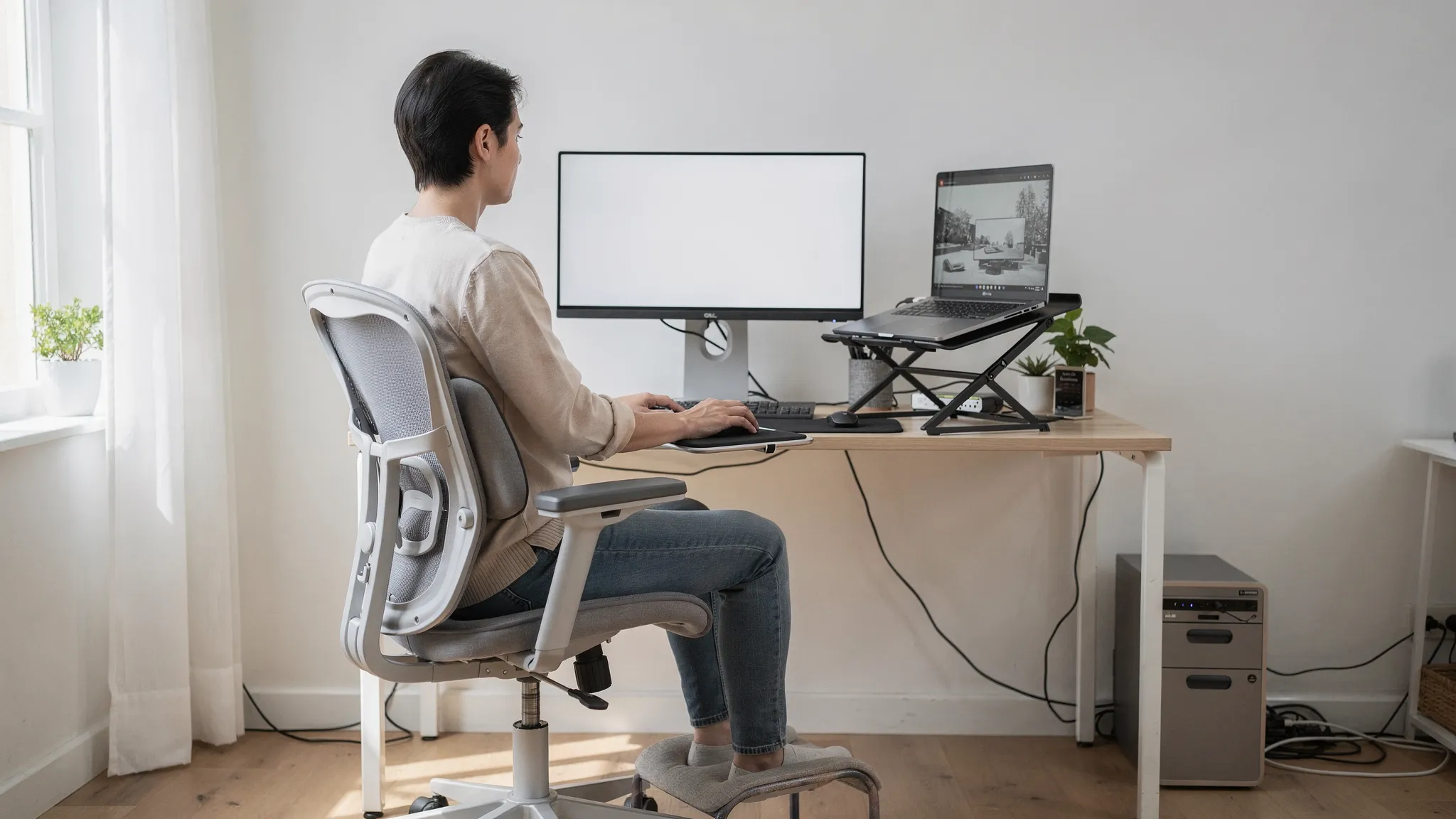 Persona trabajando en casa con postura neutra: monitor a la altura de los ojos, portátil elevado con soporte, teclado y ratón externos, silla con apoyo lumbar, pies apoyados y hombros relajados.