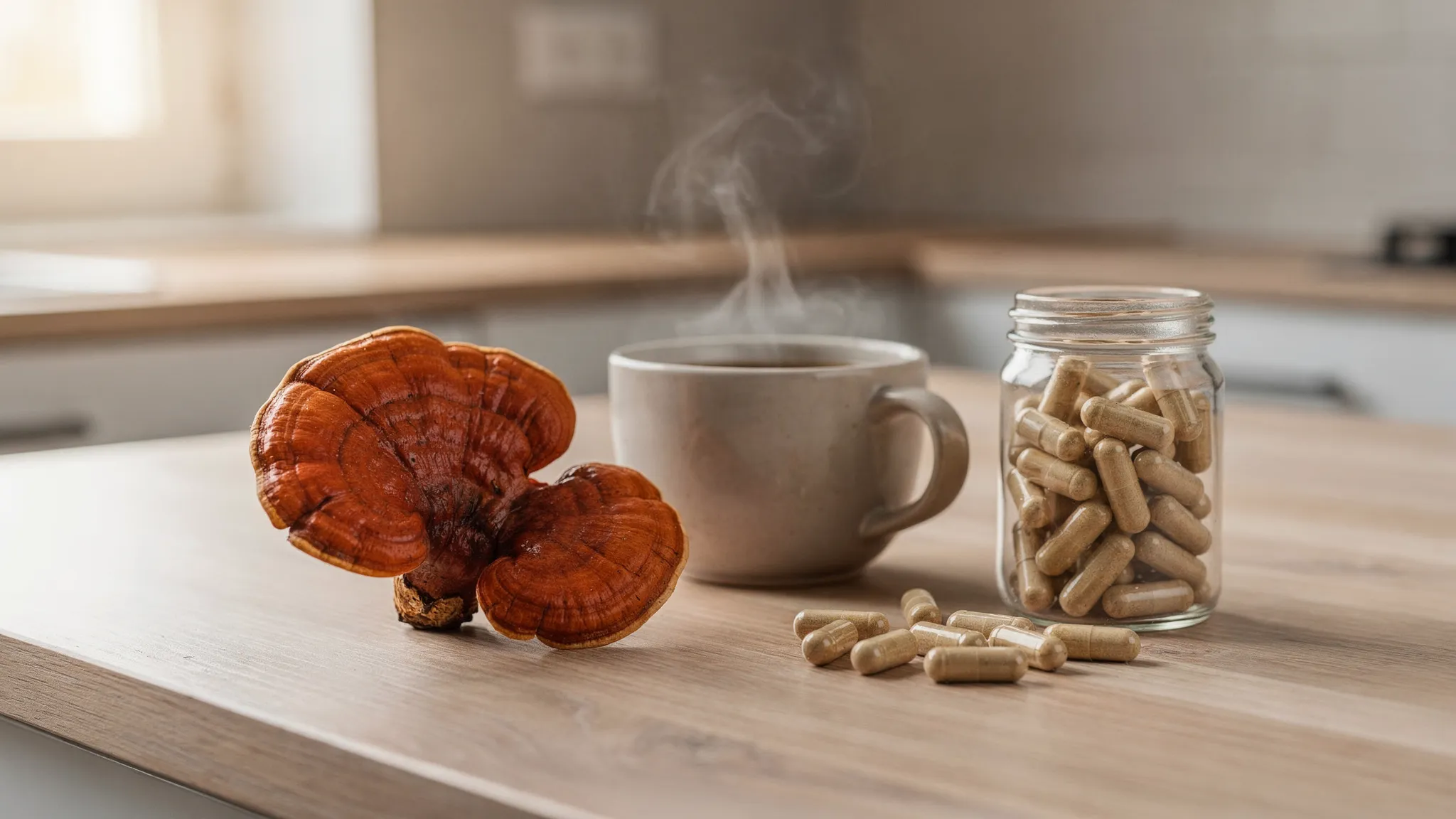 Primer plano de un hongo reishi (Ganoderma lucidum) junto a una taza de infusión oscura y un frasco de cápsulas de extracto; escena de cocina minimalista con luz cálida.